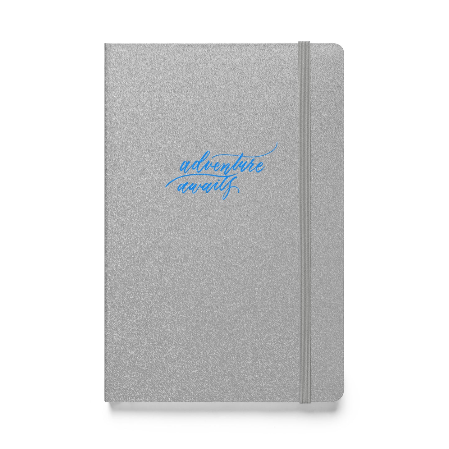 Travel Notebook - Handwritten "Adventure Awaits" Calligraphy Bright Blue Script Printed Hardcover Bound Notebook Journal