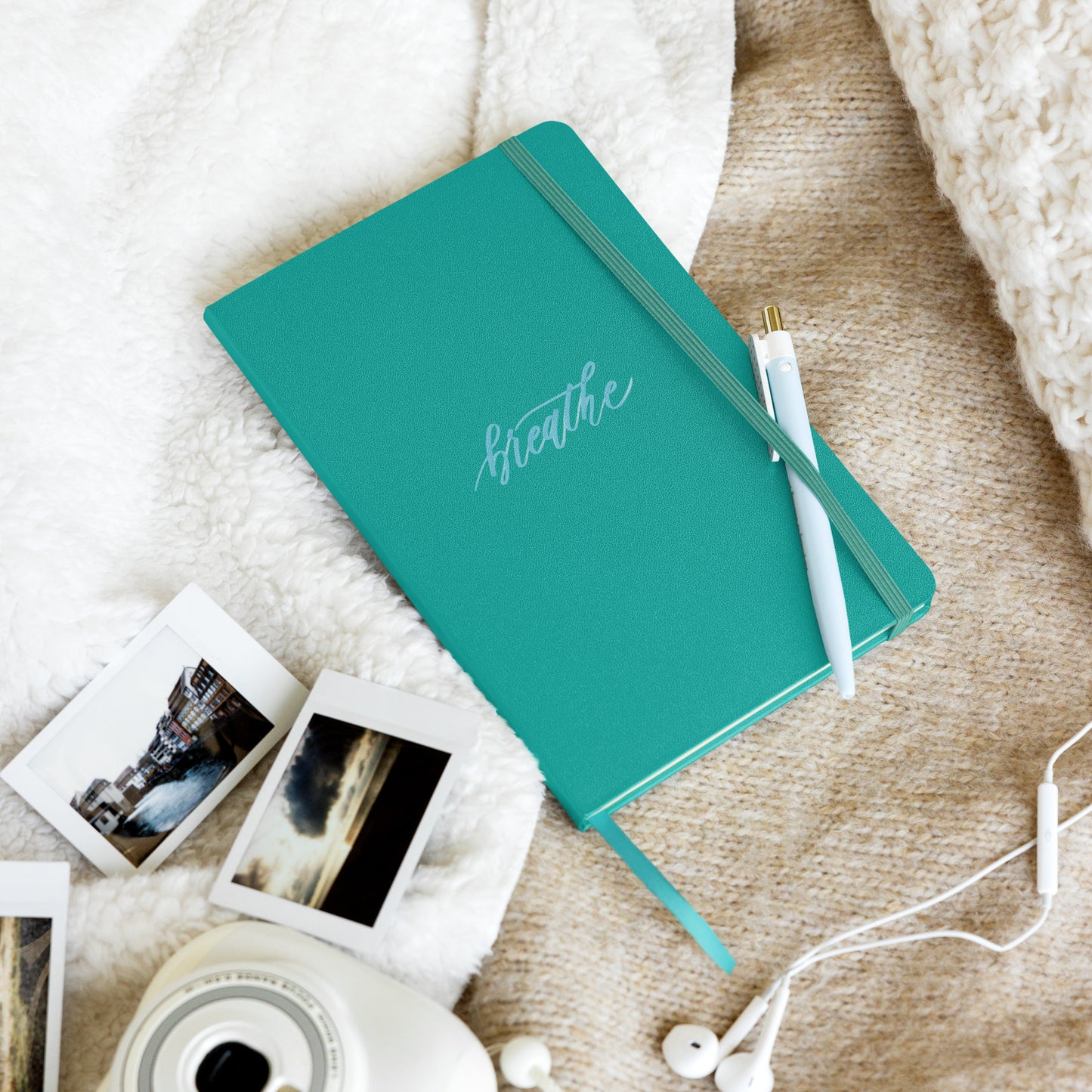 Handwritten "Breathe" Calligraphy Sky Blue Script Printed Hardcover Bound Notebook Journal