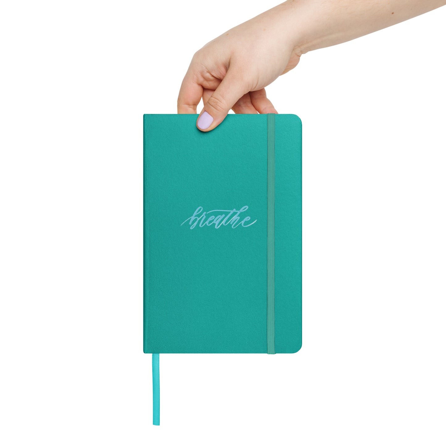 Handwritten "Breathe" Calligraphy Sky Blue Script Printed Hardcover Bound Notebook Journal