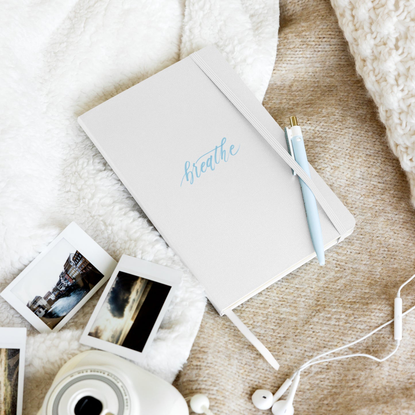 Handwritten "Breathe" Calligraphy Sky Blue Script Printed Hardcover Bound Notebook Journal