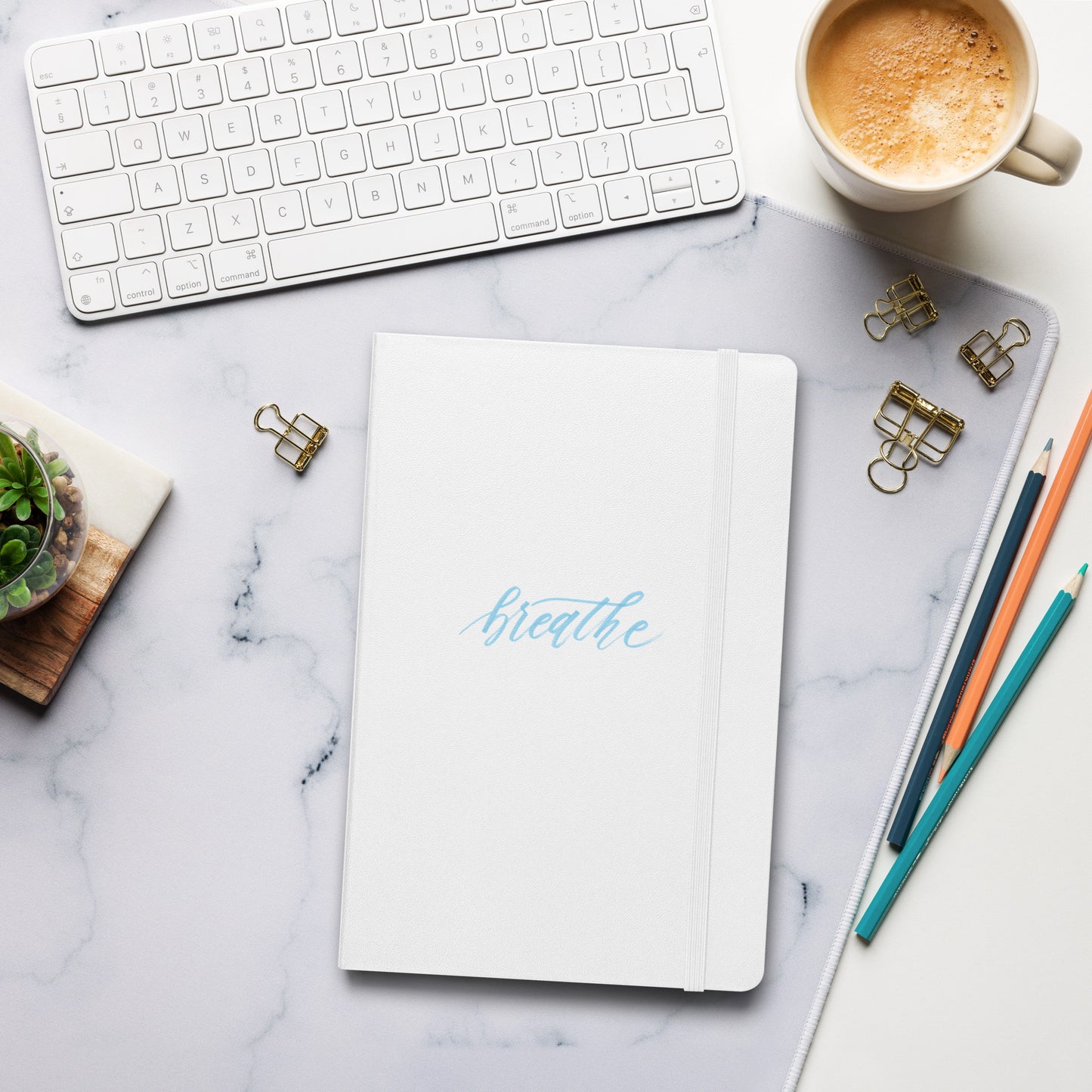 Handwritten "Breathe" Calligraphy Sky Blue Script Printed Hardcover Bound Notebook Journal