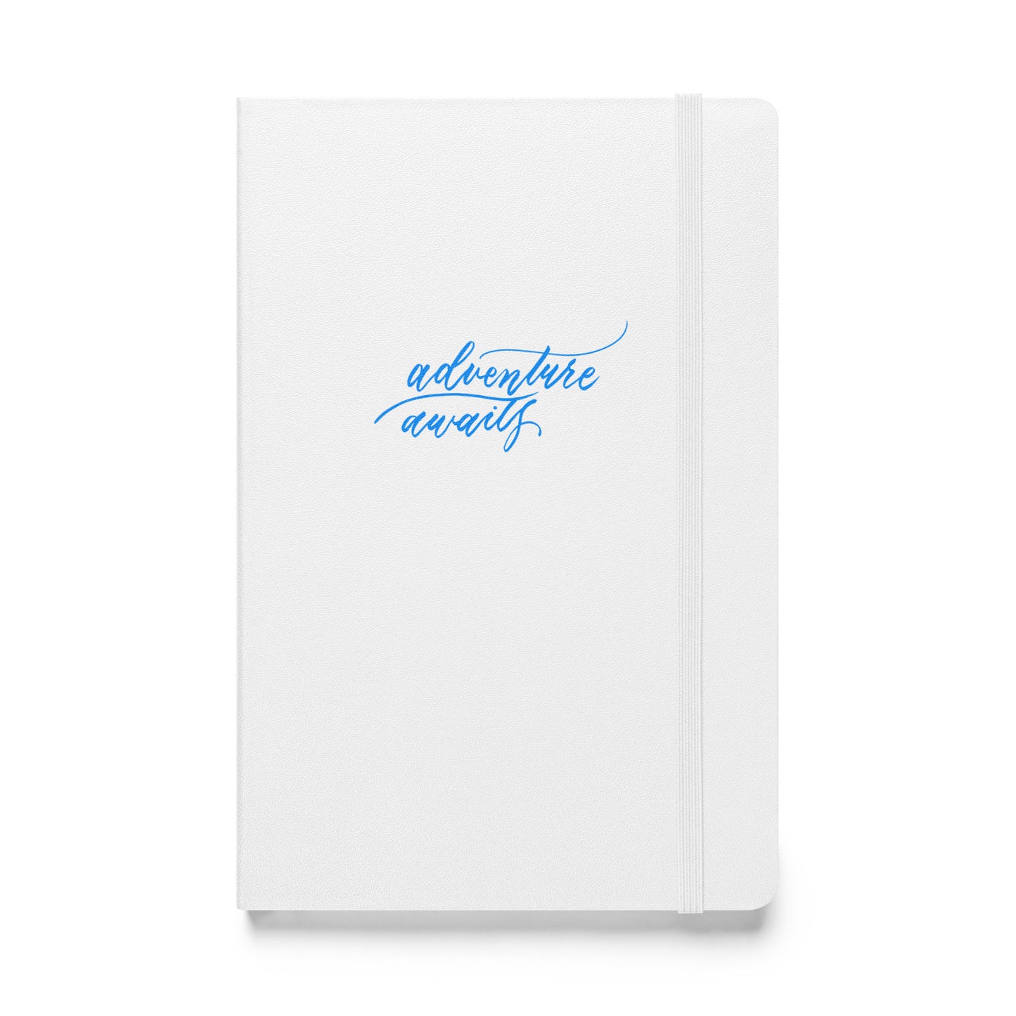 Travel Notebook - Handwritten "Adventure Awaits" Calligraphy Bright Blue Script Printed Hardcover Bound Notebook Journal