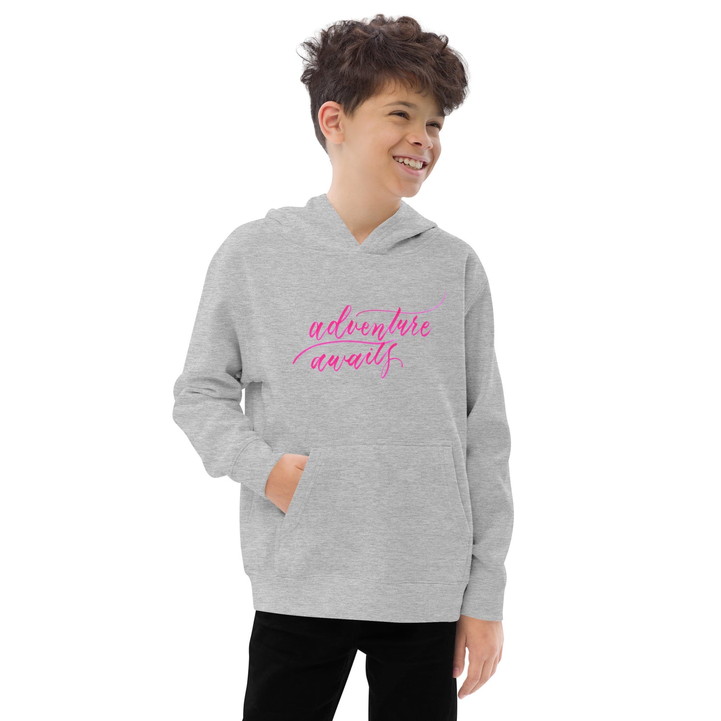 Script "Adventure Awaits" Pink Calligraphy Printed Kids Fleece Hoodie