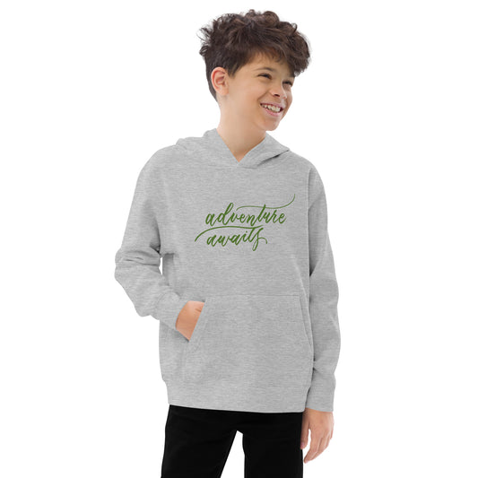 Script "Adventure Awaits" Green Calligraphy Printed Kids Fleece Hoodie