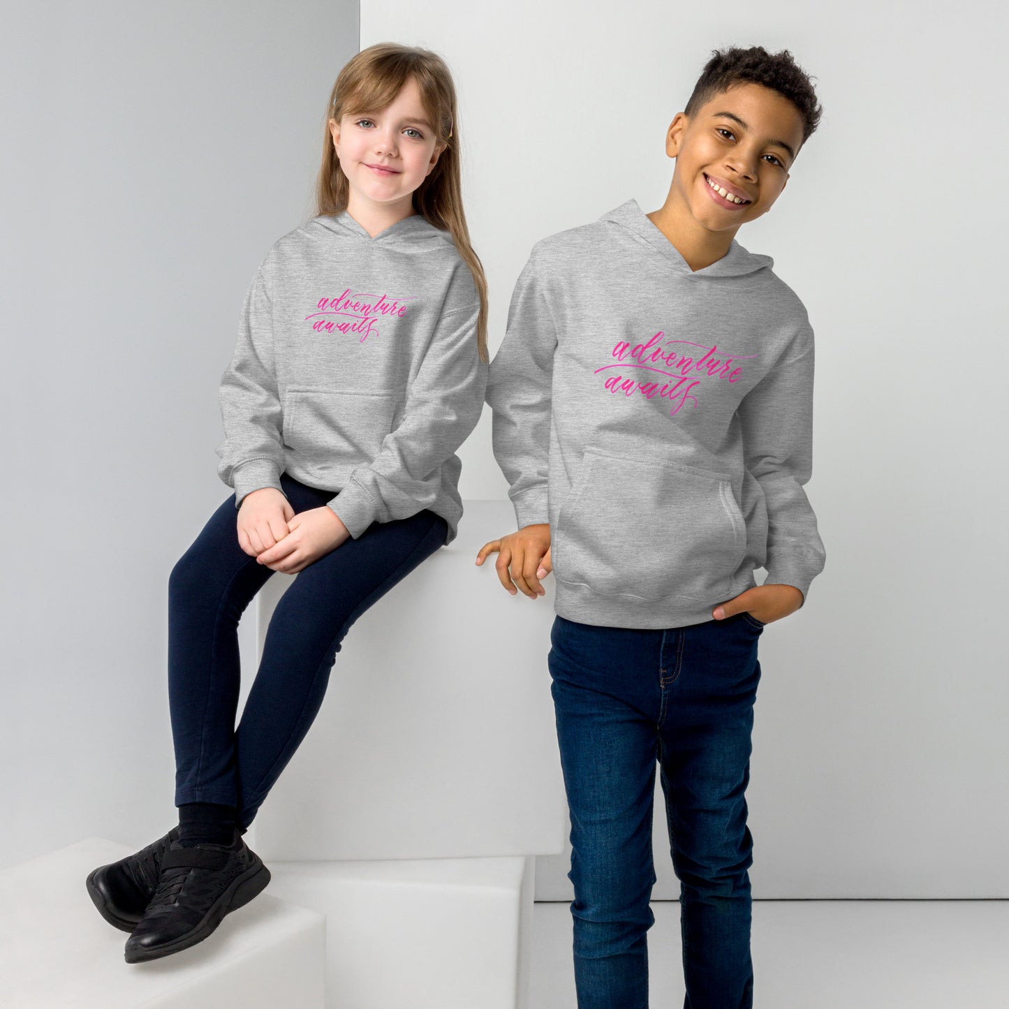 Script "Adventure Awaits" Pink Calligraphy Printed Kids Fleece Hoodie