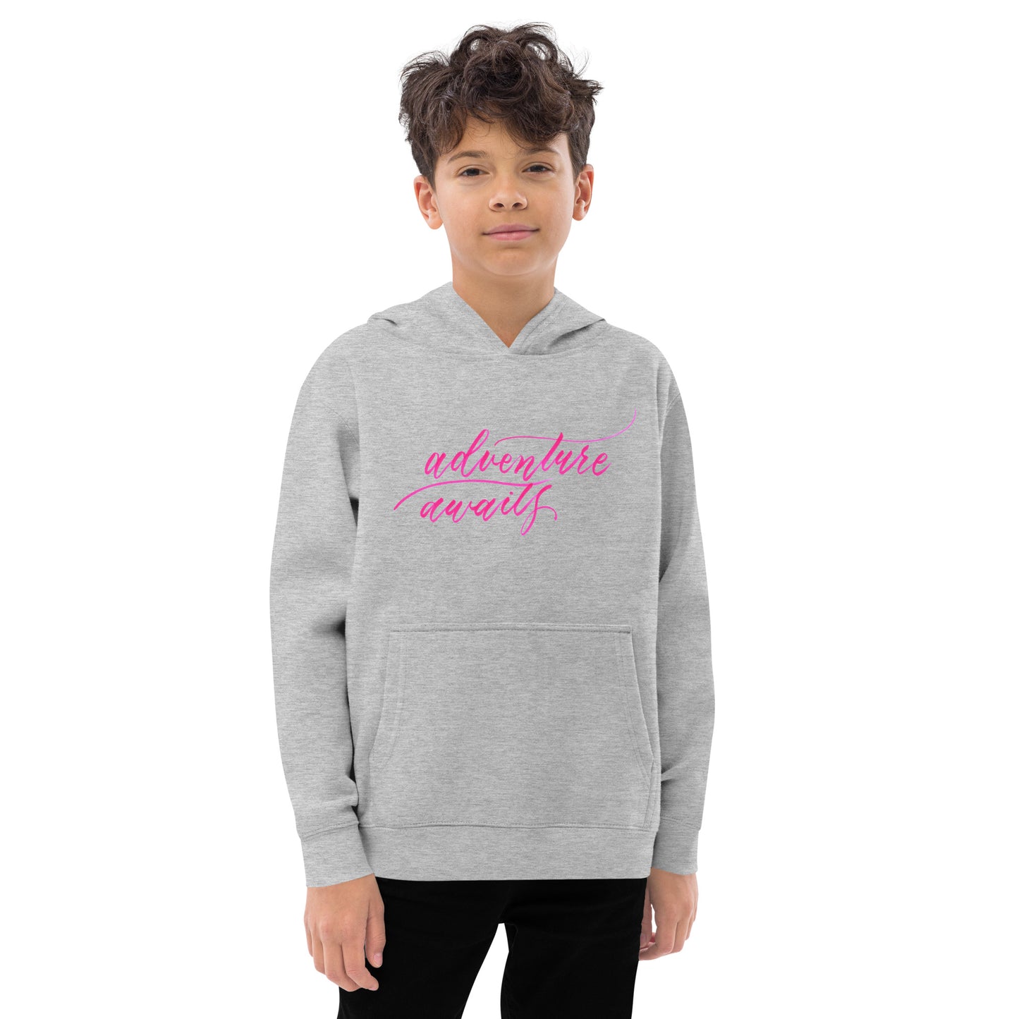 Script "Adventure Awaits" Pink Calligraphy Printed Kids Fleece Hoodie