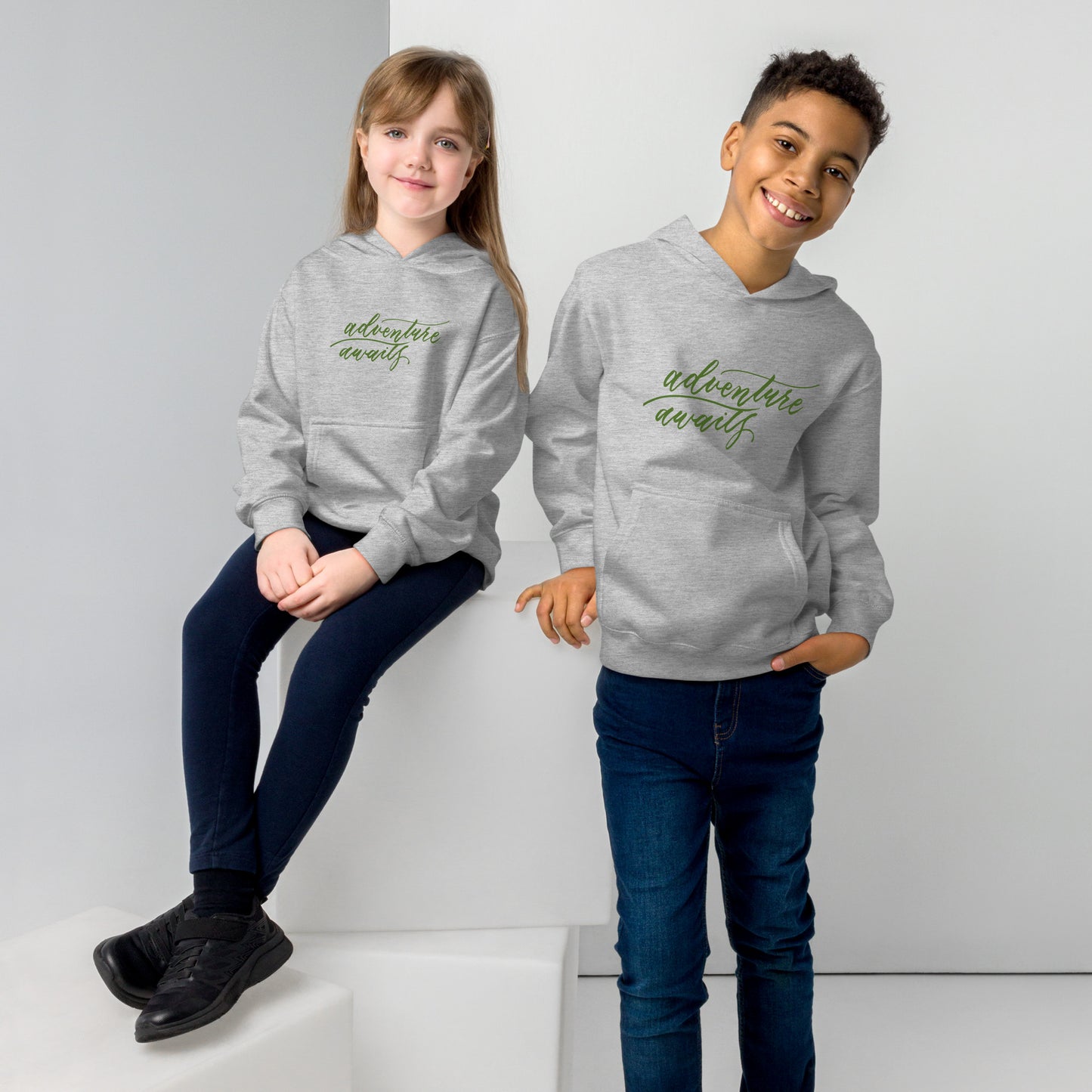 Script "Adventure Awaits" Green Calligraphy Printed Kids Fleece Hoodie