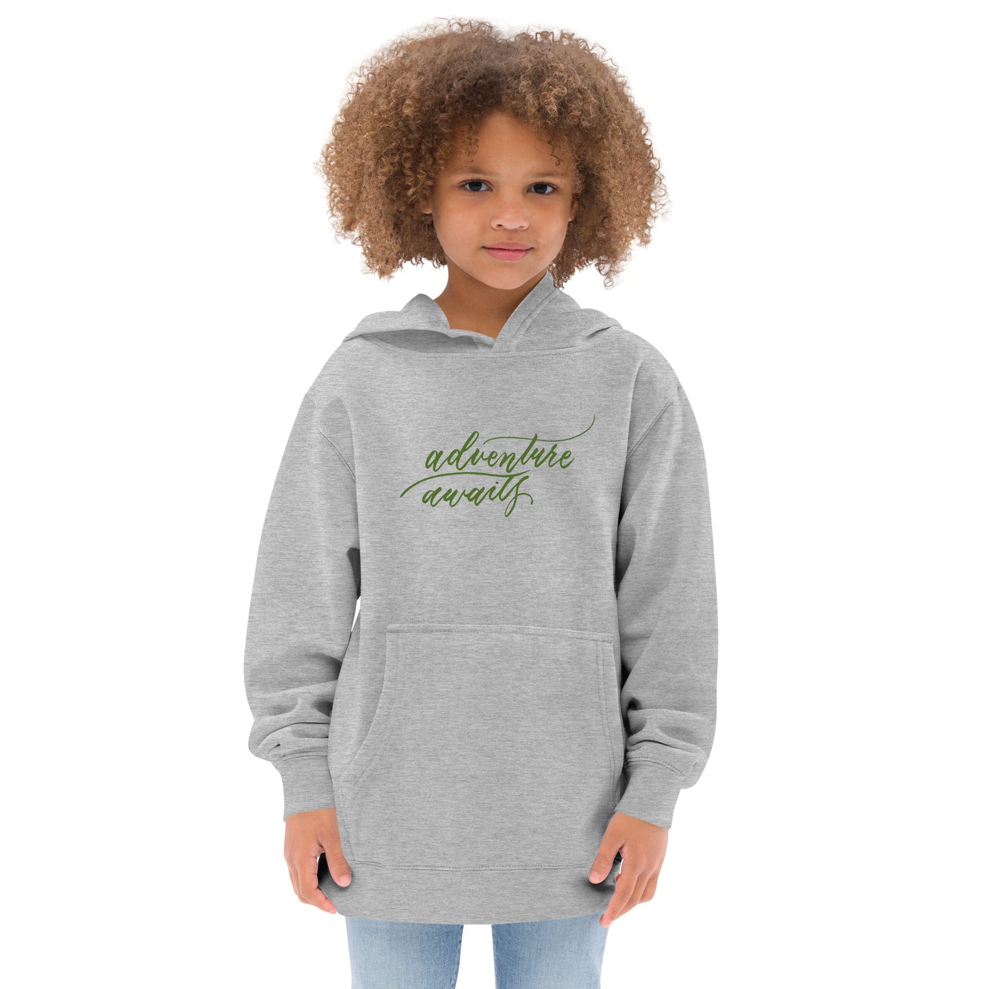 Script "Adventure Awaits" Green Calligraphy Printed Kids Fleece Hoodie