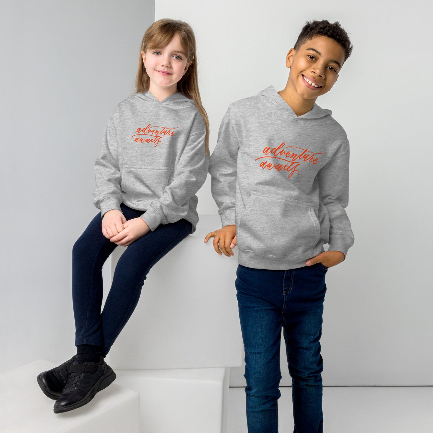 Script "Adventure Awaits" Orange Calligraphy Printed Kids Fleece Hoodie