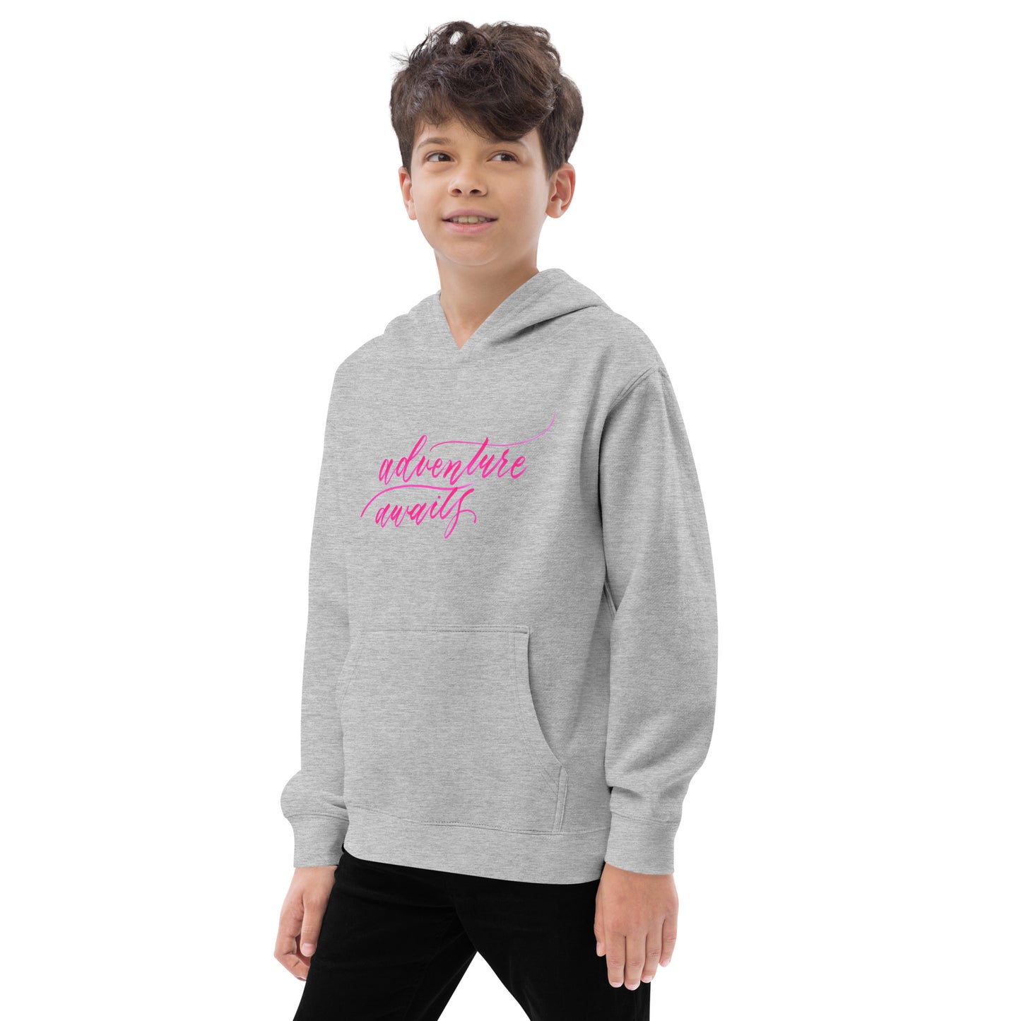 Script "Adventure Awaits" Pink Calligraphy Printed Kids Fleece Hoodie