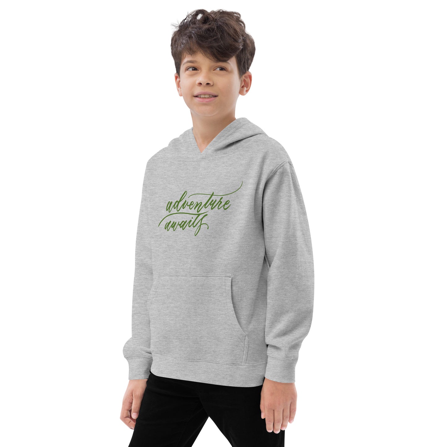 Script "Adventure Awaits" Green Calligraphy Printed Kids Fleece Hoodie