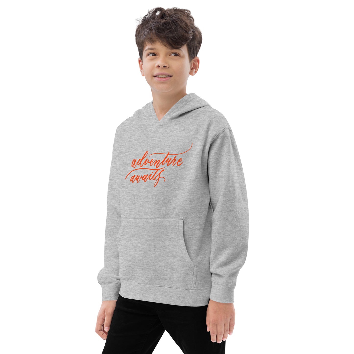 Script "Adventure Awaits" Orange Calligraphy Printed Kids Fleece Hoodie