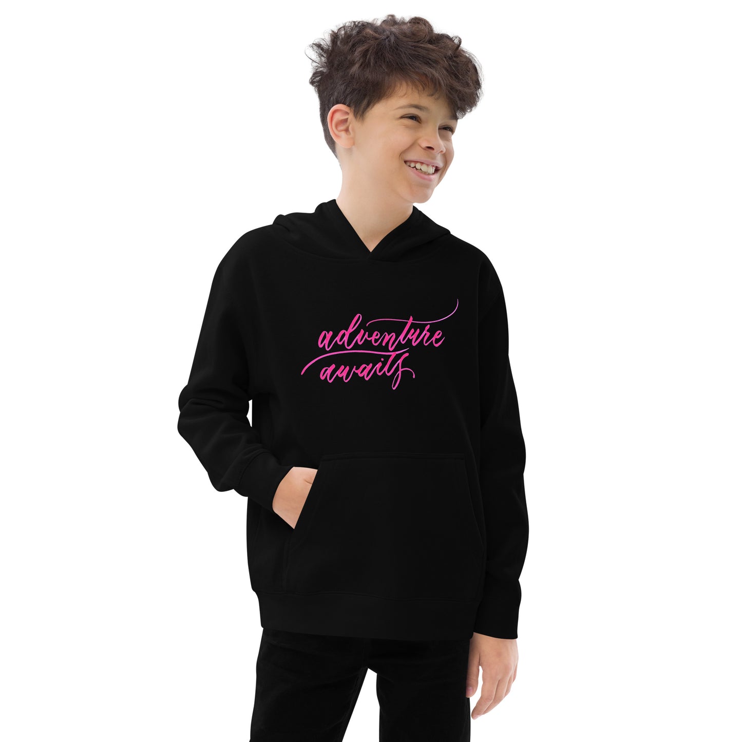 Script "Adventure Awaits" Pink Calligraphy Printed Kids Fleece Hoodie