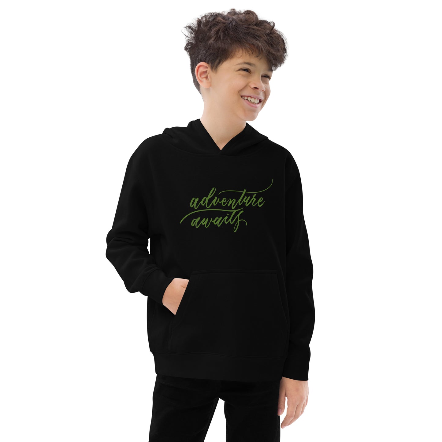 Script "Adventure Awaits" Green Calligraphy Printed Kids Fleece Hoodie