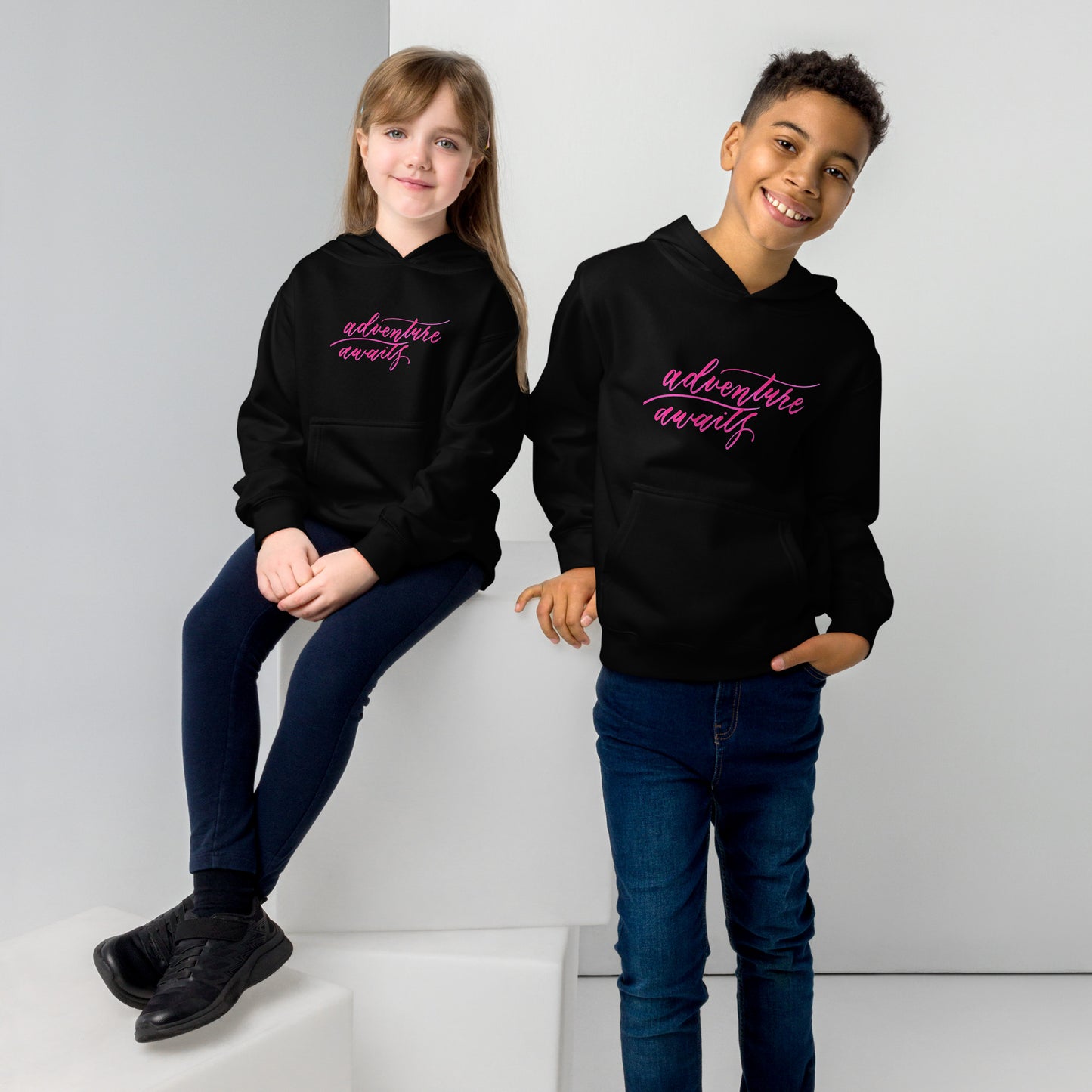 Script "Adventure Awaits" Pink Calligraphy Printed Kids Fleece Hoodie