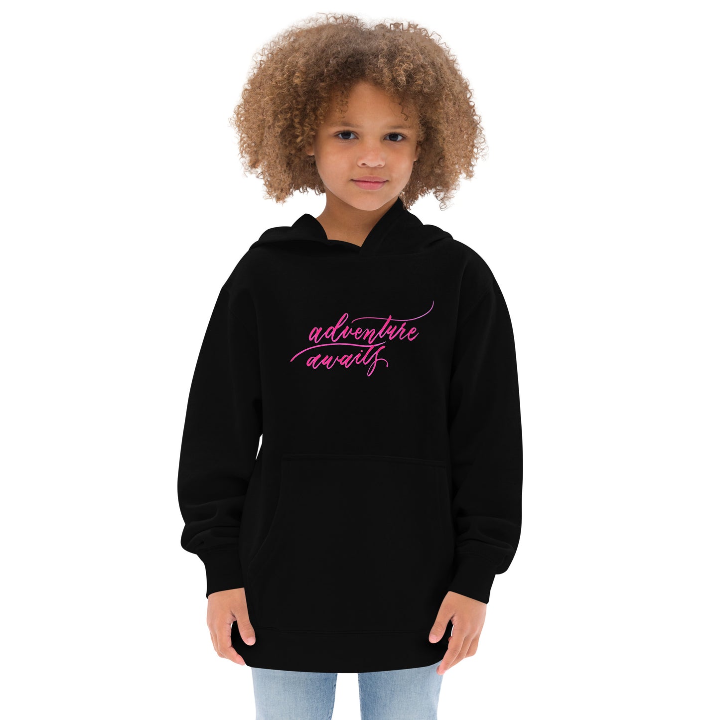 Script "Adventure Awaits" Pink Calligraphy Printed Kids Fleece Hoodie