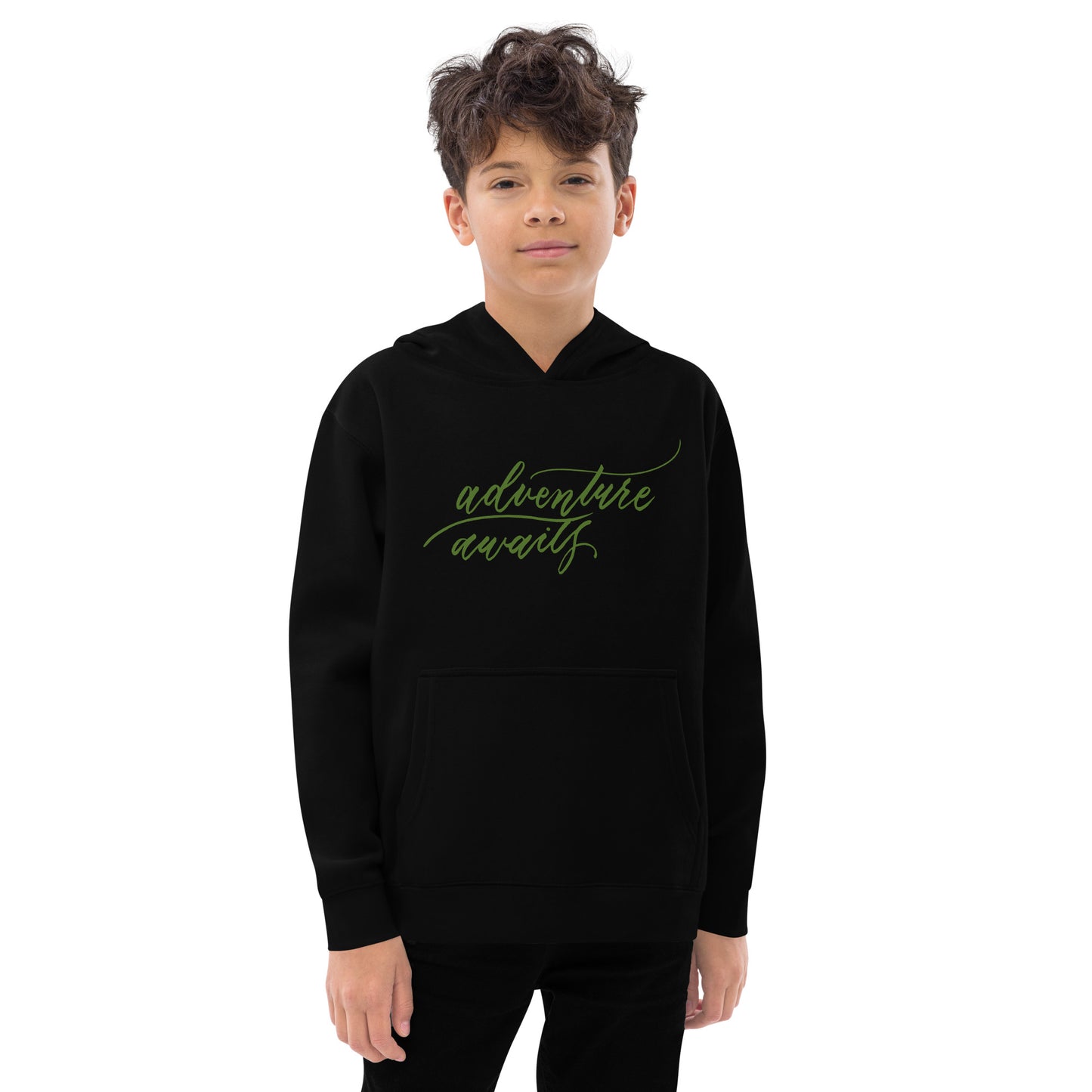 Script "Adventure Awaits" Green Calligraphy Printed Kids Fleece Hoodie