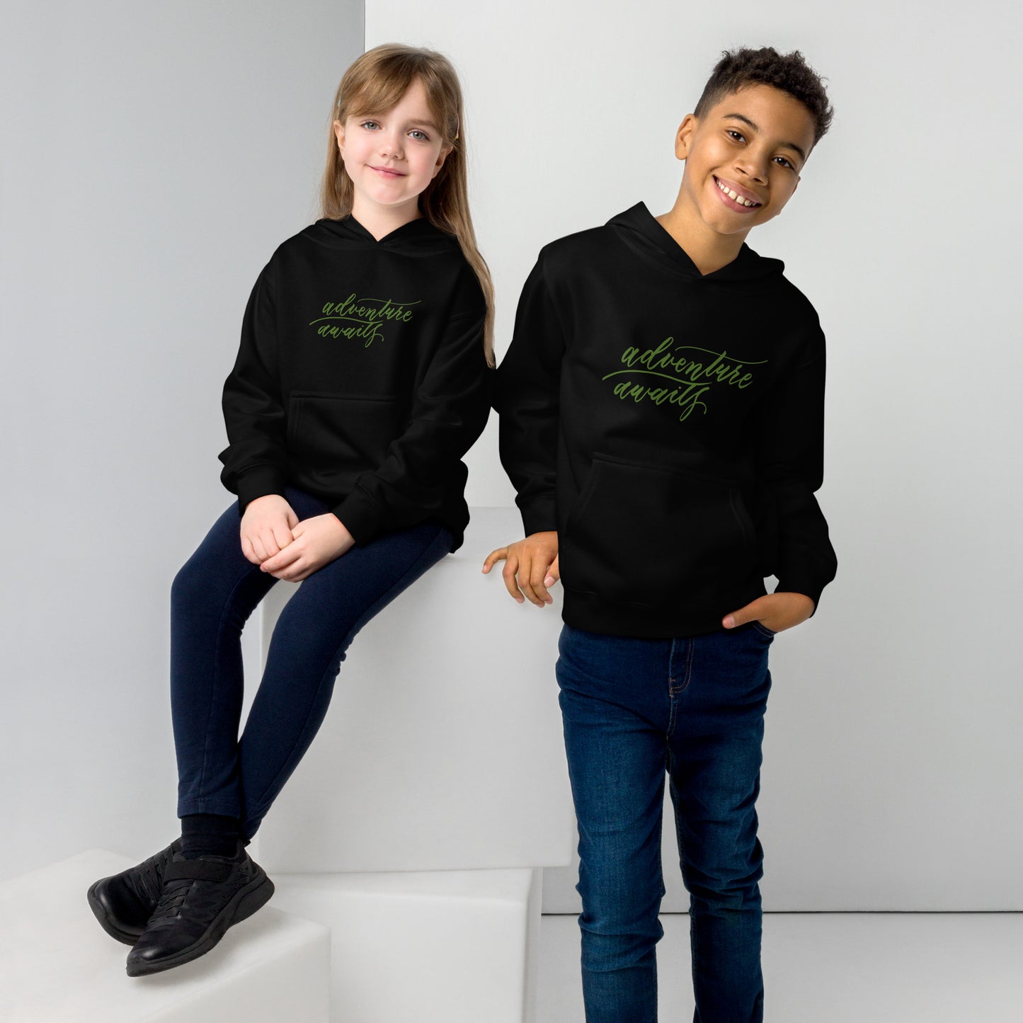 Script "Adventure Awaits" Green Calligraphy Printed Kids Fleece Hoodie