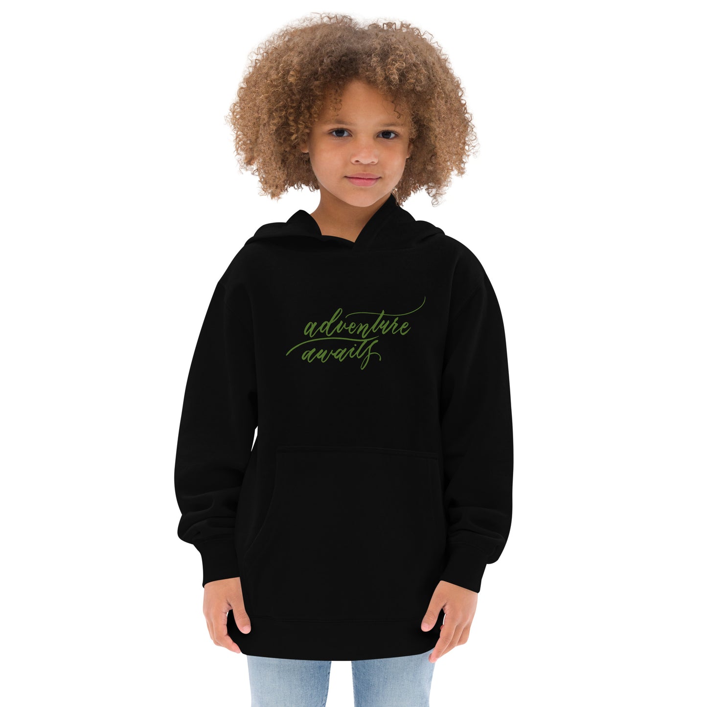 Script "Adventure Awaits" Green Calligraphy Printed Kids Fleece Hoodie