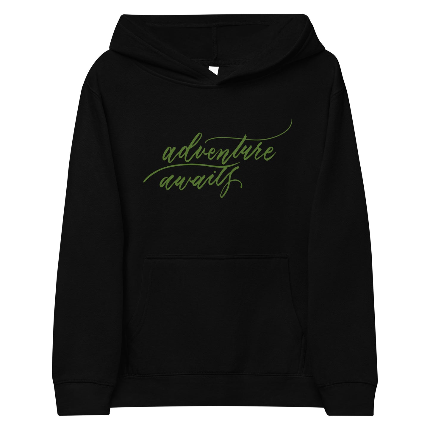 Script "Adventure Awaits" Green Calligraphy Printed Kids Fleece Hoodie