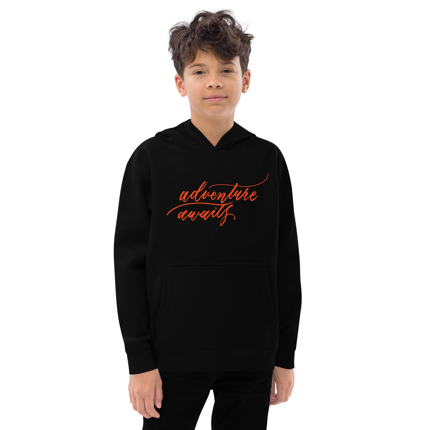 Script "Adventure Awaits" Orange Calligraphy Printed Kids Fleece Hoodie