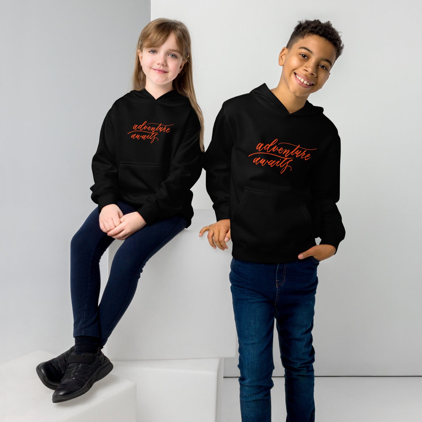 Script "Adventure Awaits" Orange Calligraphy Printed Kids Fleece Hoodie