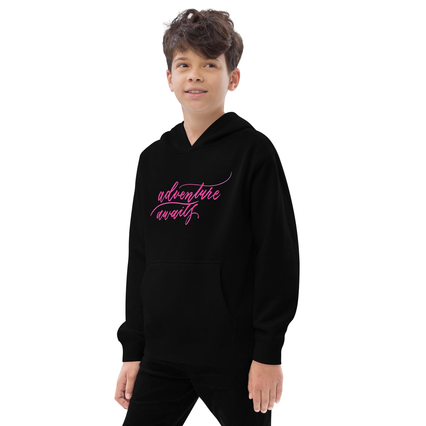 Script "Adventure Awaits" Pink Calligraphy Printed Kids Fleece Hoodie