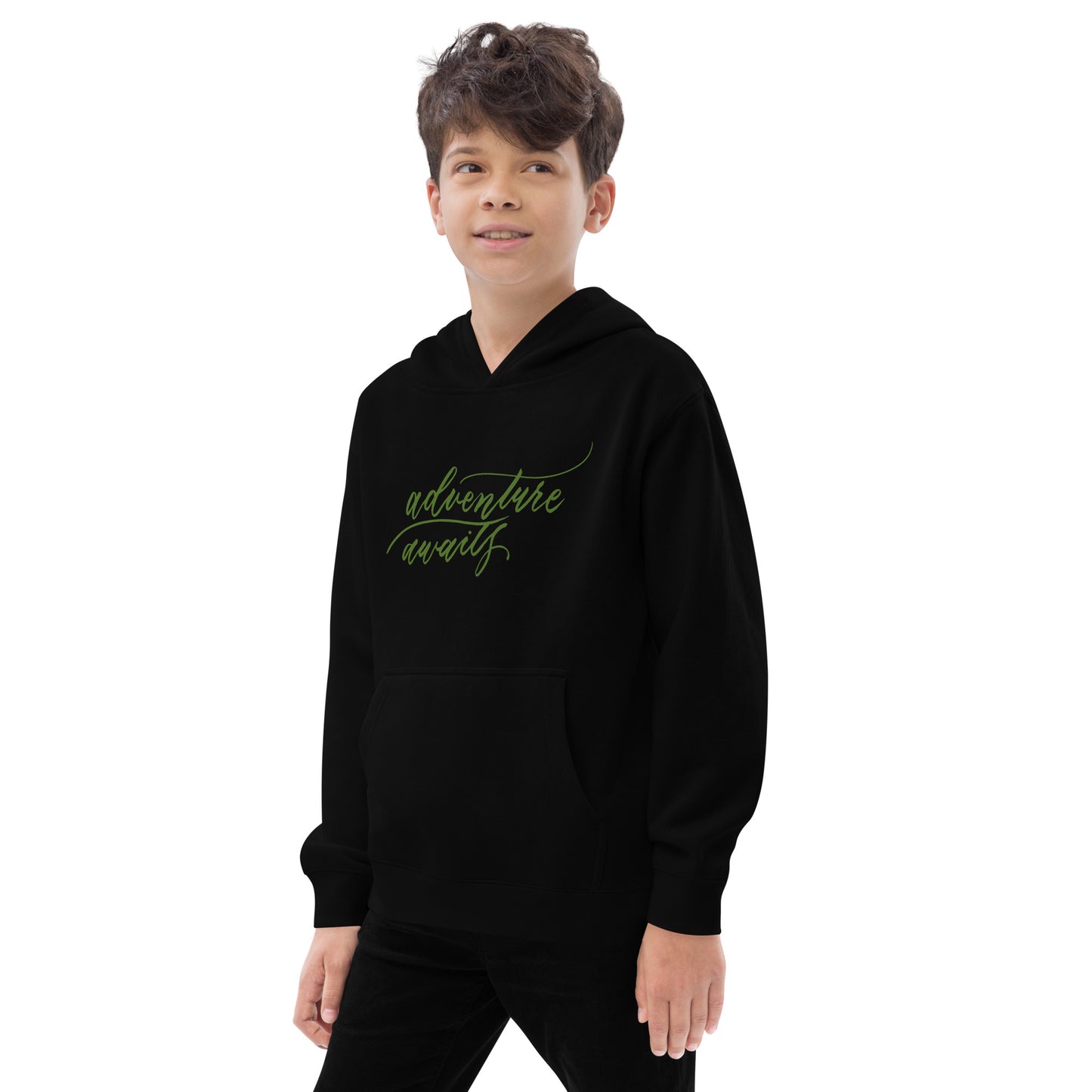 Script "Adventure Awaits" Green Calligraphy Printed Kids Fleece Hoodie