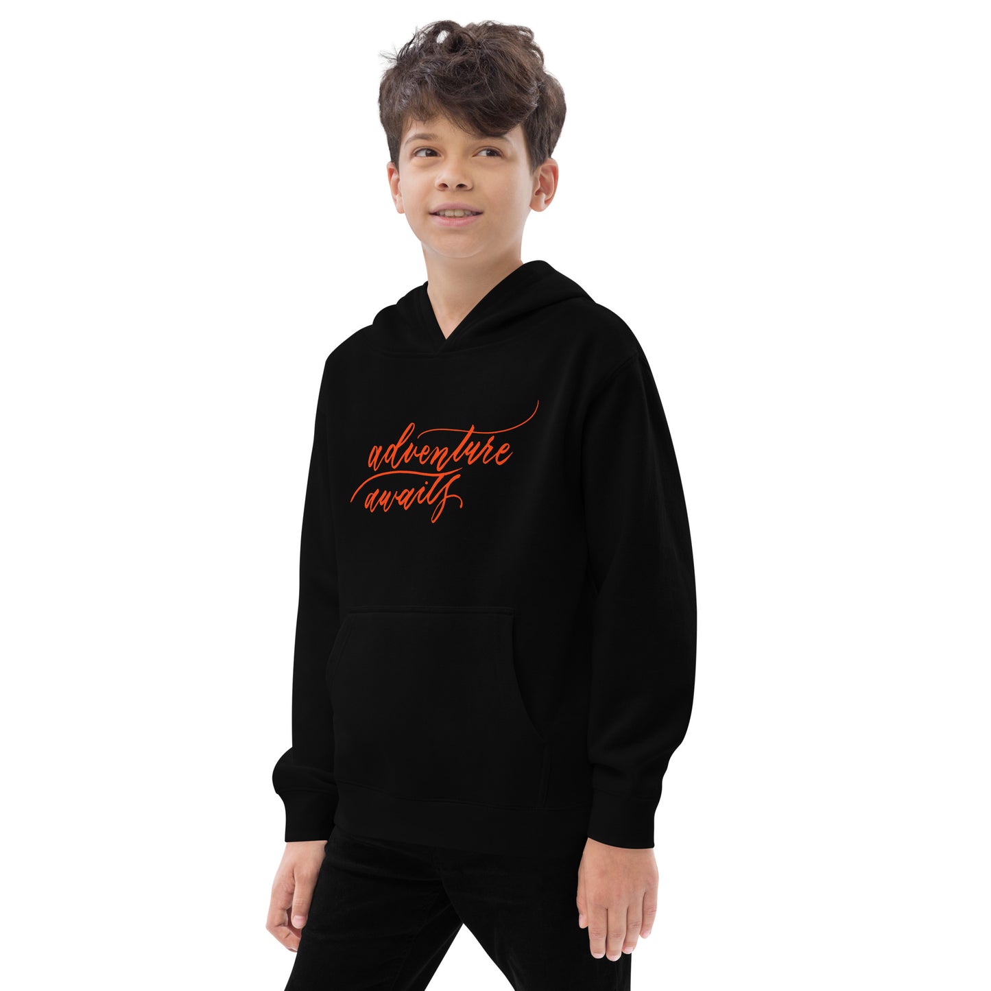 Script "Adventure Awaits" Orange Calligraphy Printed Kids Fleece Hoodie