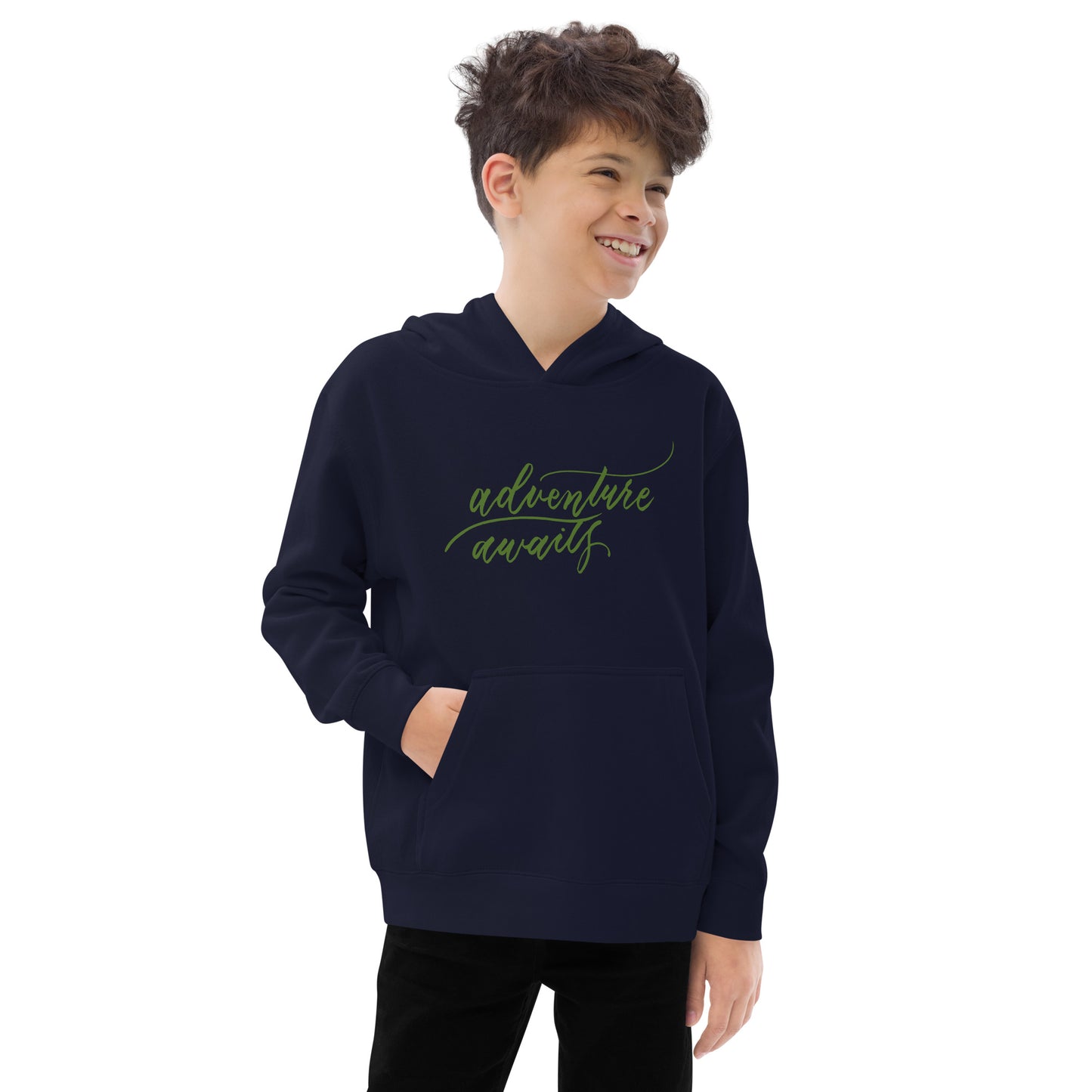 Script "Adventure Awaits" Green Calligraphy Printed Kids Fleece Hoodie