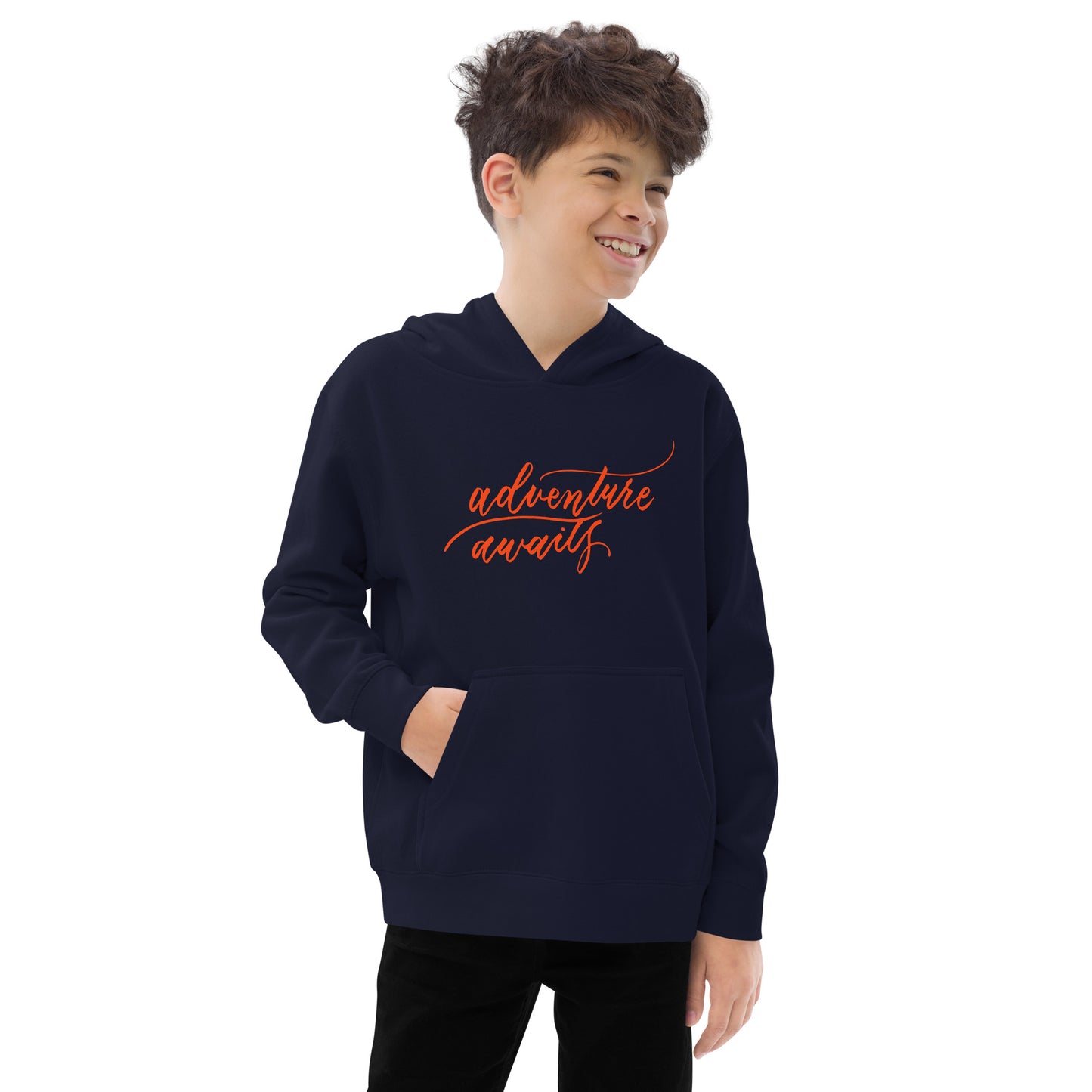 Script "Adventure Awaits" Orange Calligraphy Printed Kids Fleece Hoodie