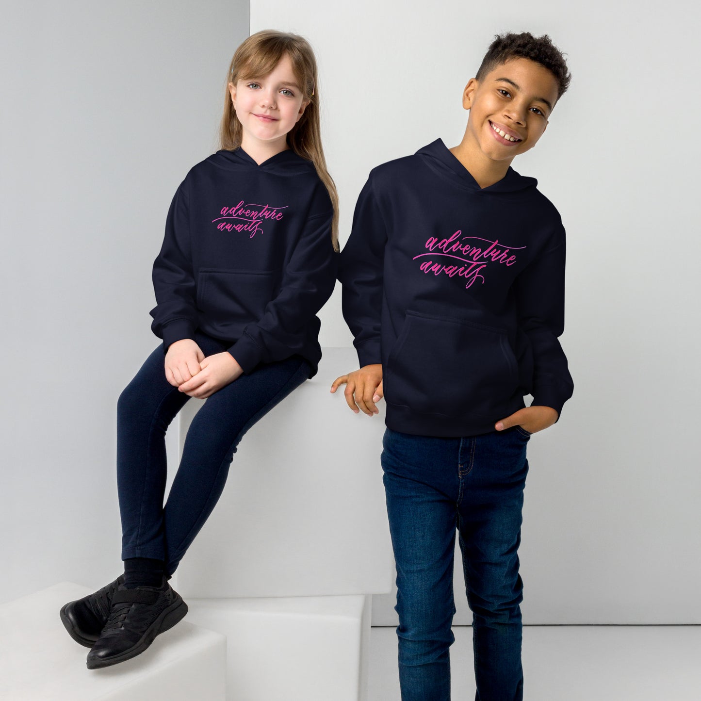 Script "Adventure Awaits" Pink Calligraphy Printed Kids Fleece Hoodie