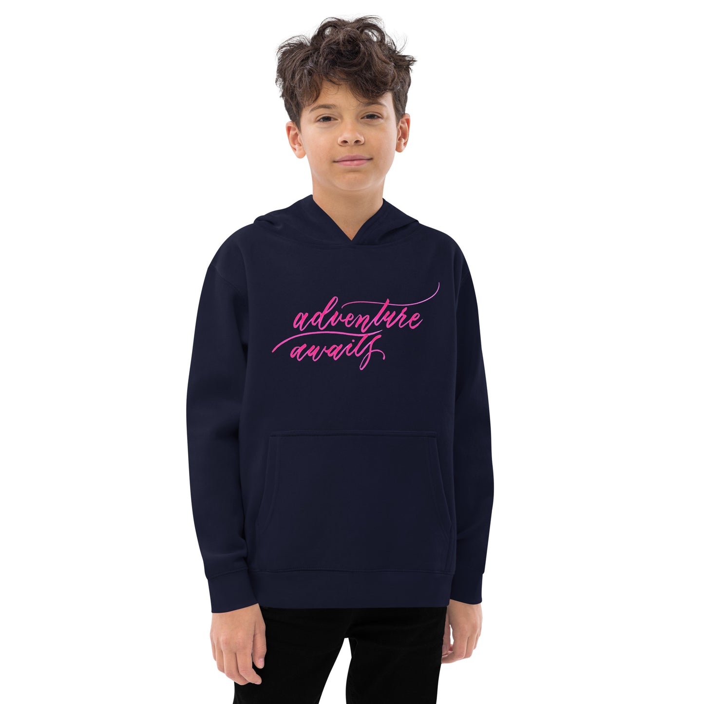 Script "Adventure Awaits" Pink Calligraphy Printed Kids Fleece Hoodie