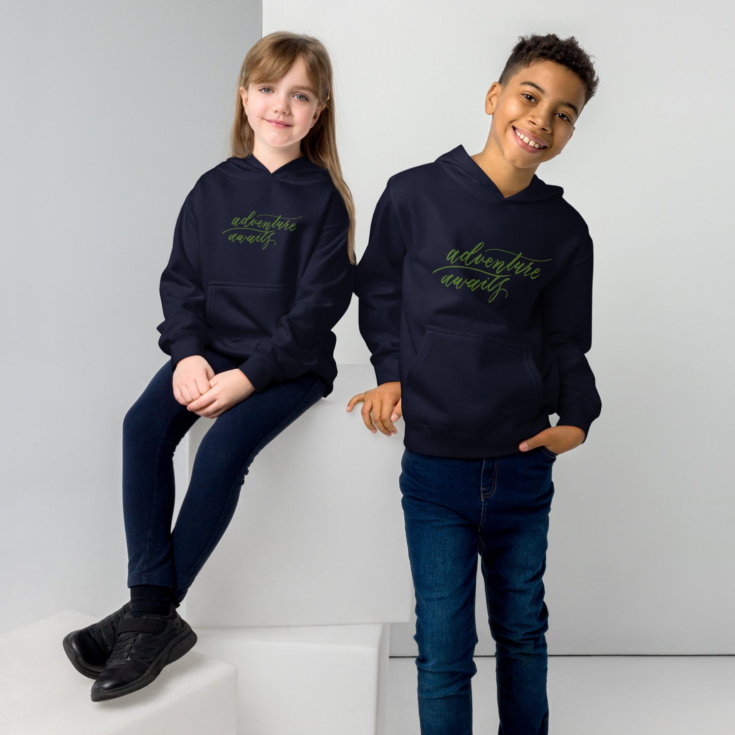 Script "Adventure Awaits" Green Calligraphy Printed Kids Fleece Hoodie