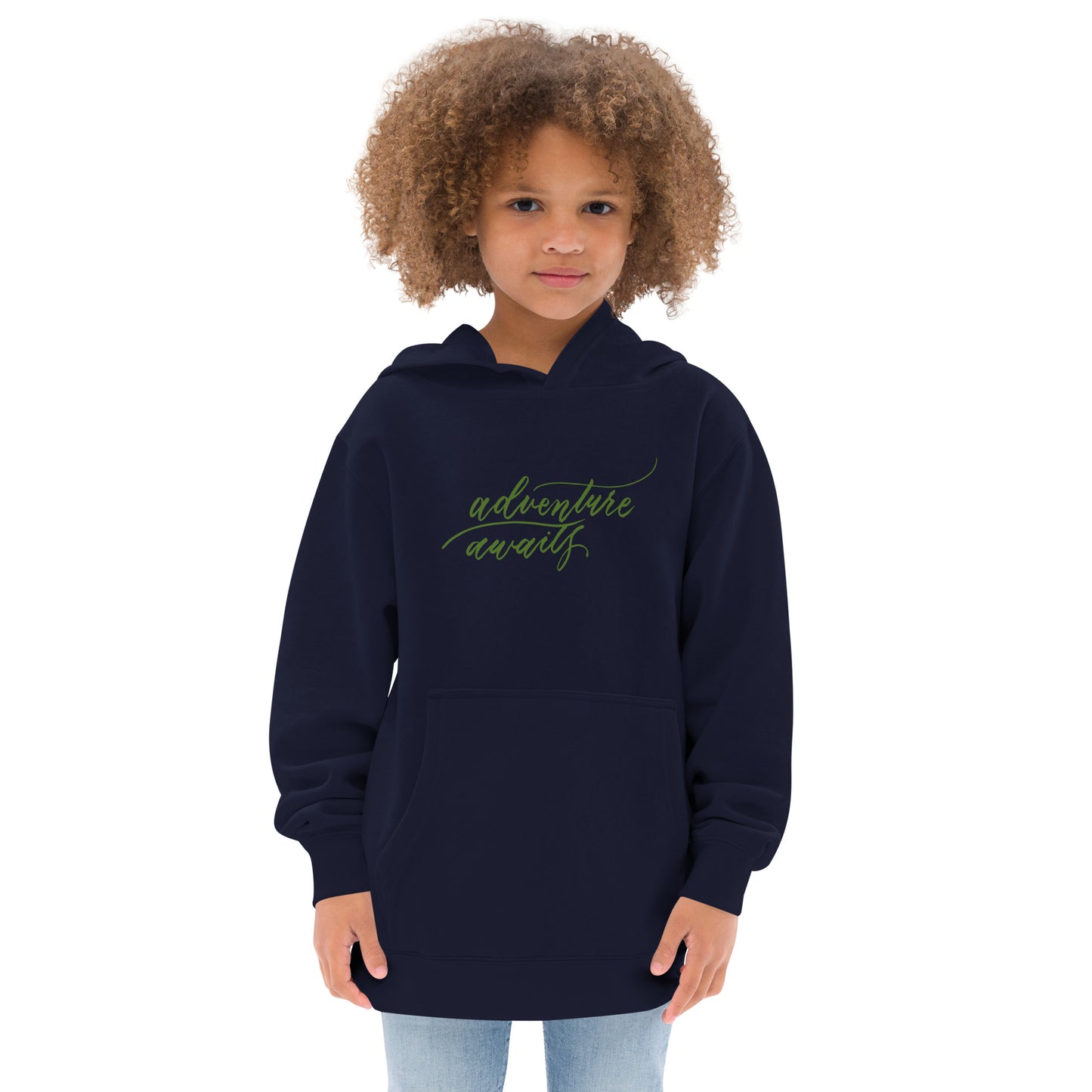 Script "Adventure Awaits" Green Calligraphy Printed Kids Fleece Hoodie