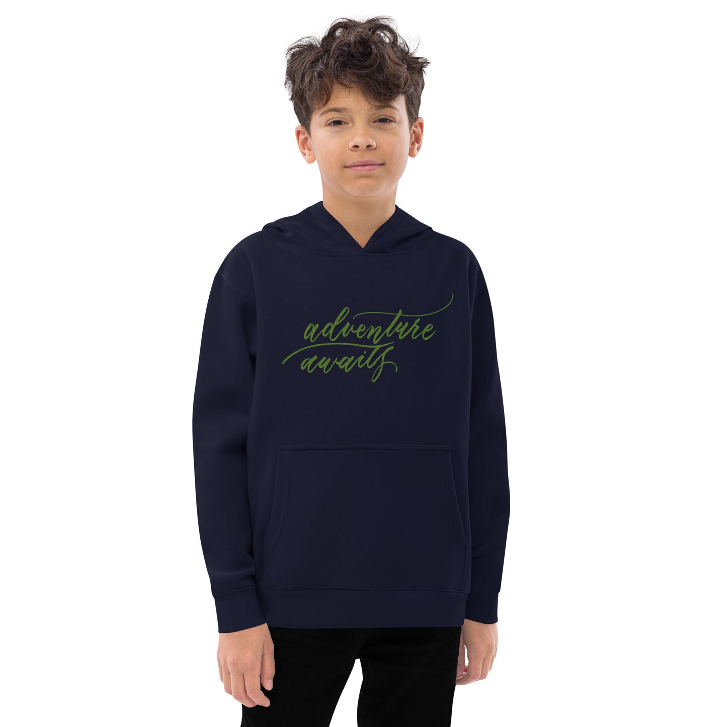 Script "Adventure Awaits" Green Calligraphy Printed Kids Fleece Hoodie