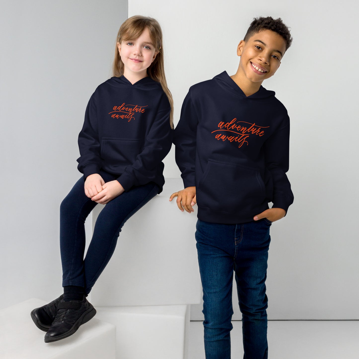 Script "Adventure Awaits" Orange Calligraphy Printed Kids Fleece Hoodie