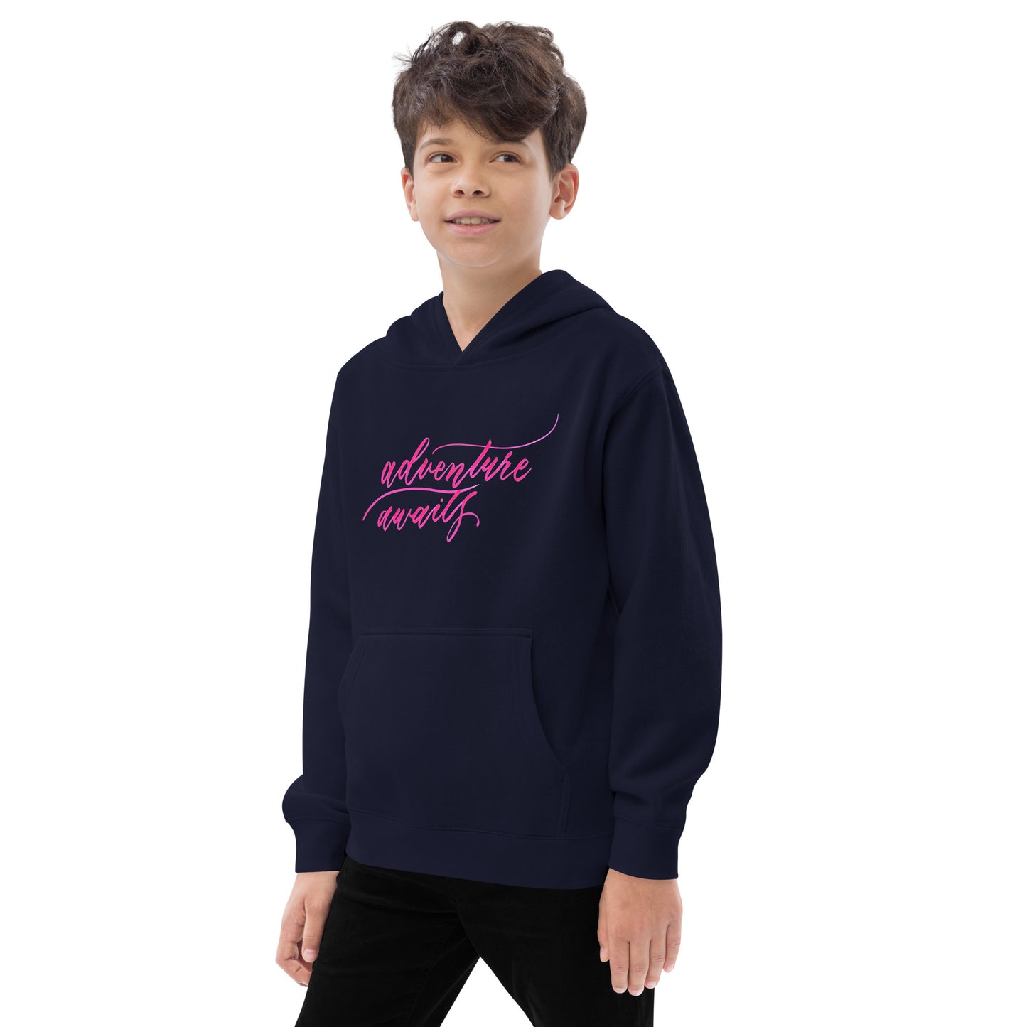 Script "Adventure Awaits" Pink Calligraphy Printed Kids Fleece Hoodie