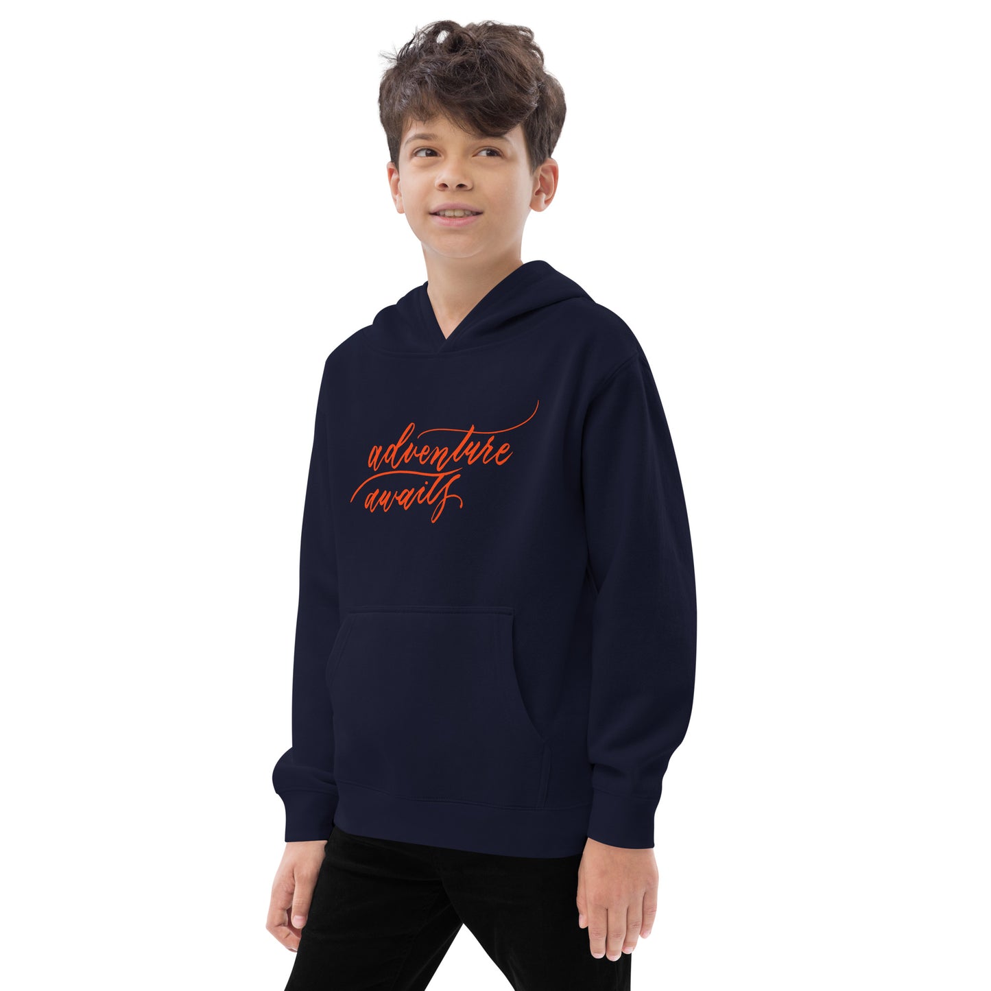 Script "Adventure Awaits" Orange Calligraphy Printed Kids Fleece Hoodie