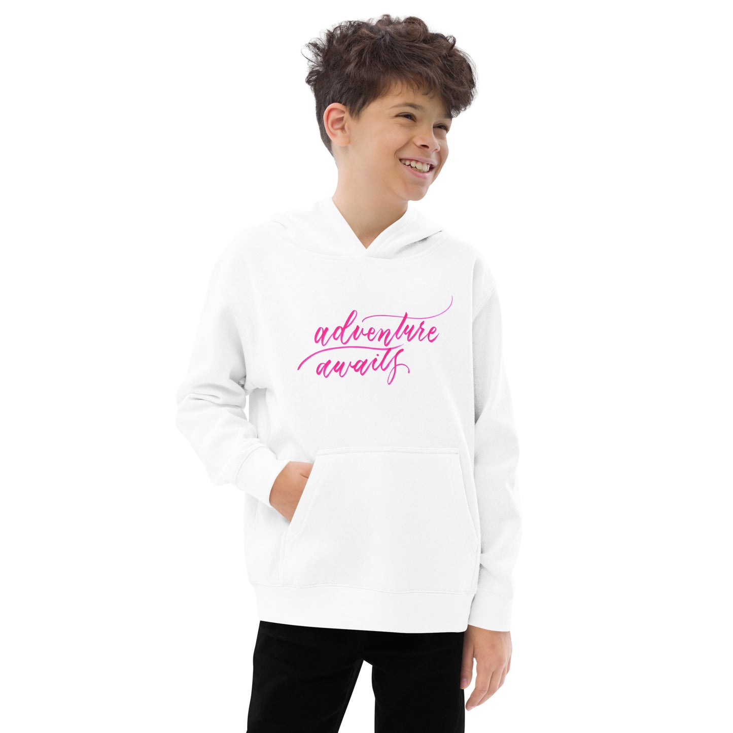 Script "Adventure Awaits" Pink Calligraphy Printed Kids Fleece Hoodie