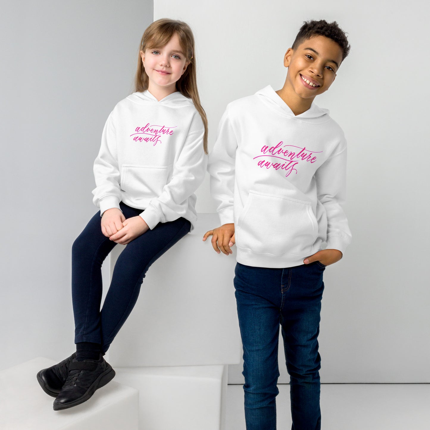 Script "Adventure Awaits" Pink Calligraphy Printed Kids Fleece Hoodie