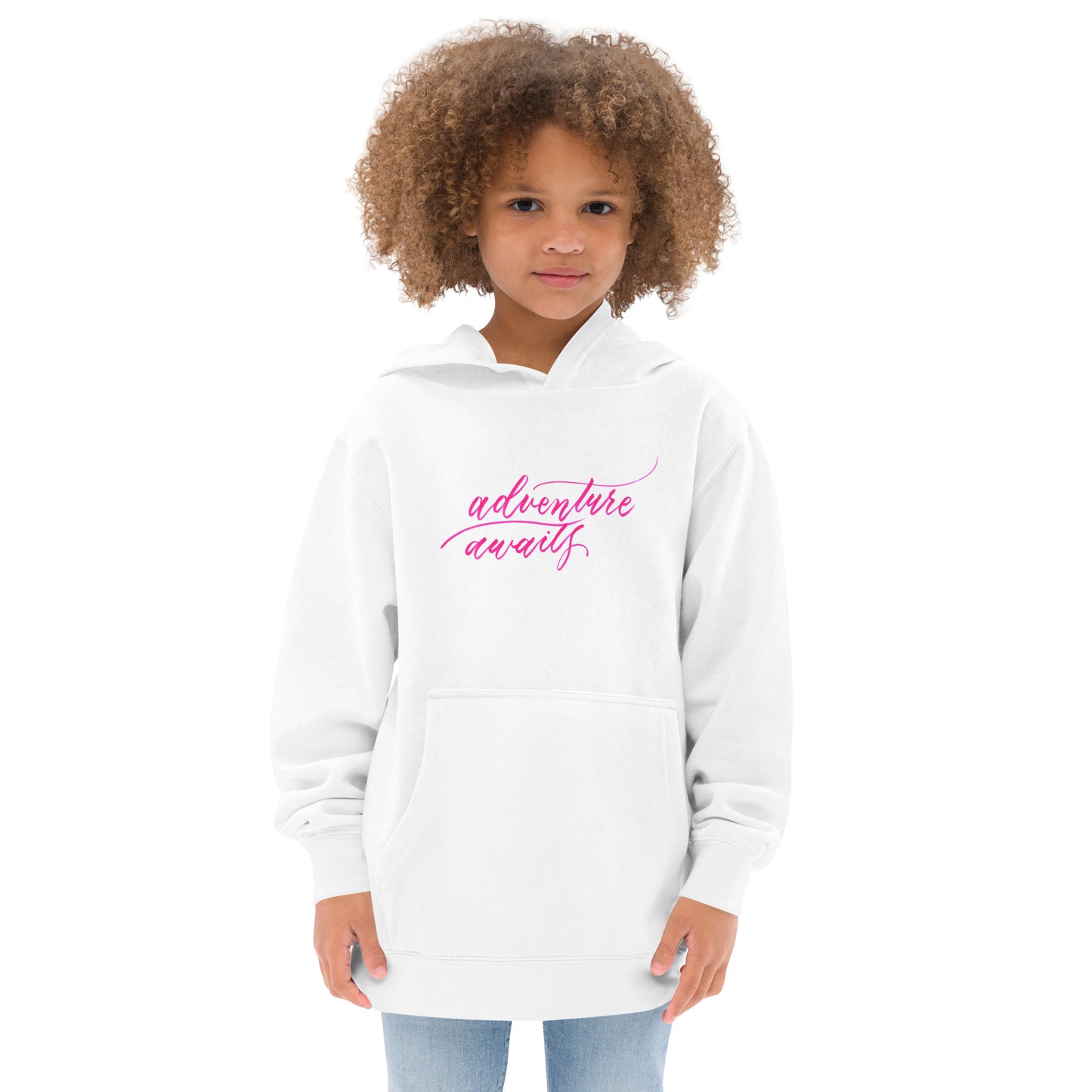 Script "Adventure Awaits" Pink Calligraphy Printed Kids Fleece Hoodie