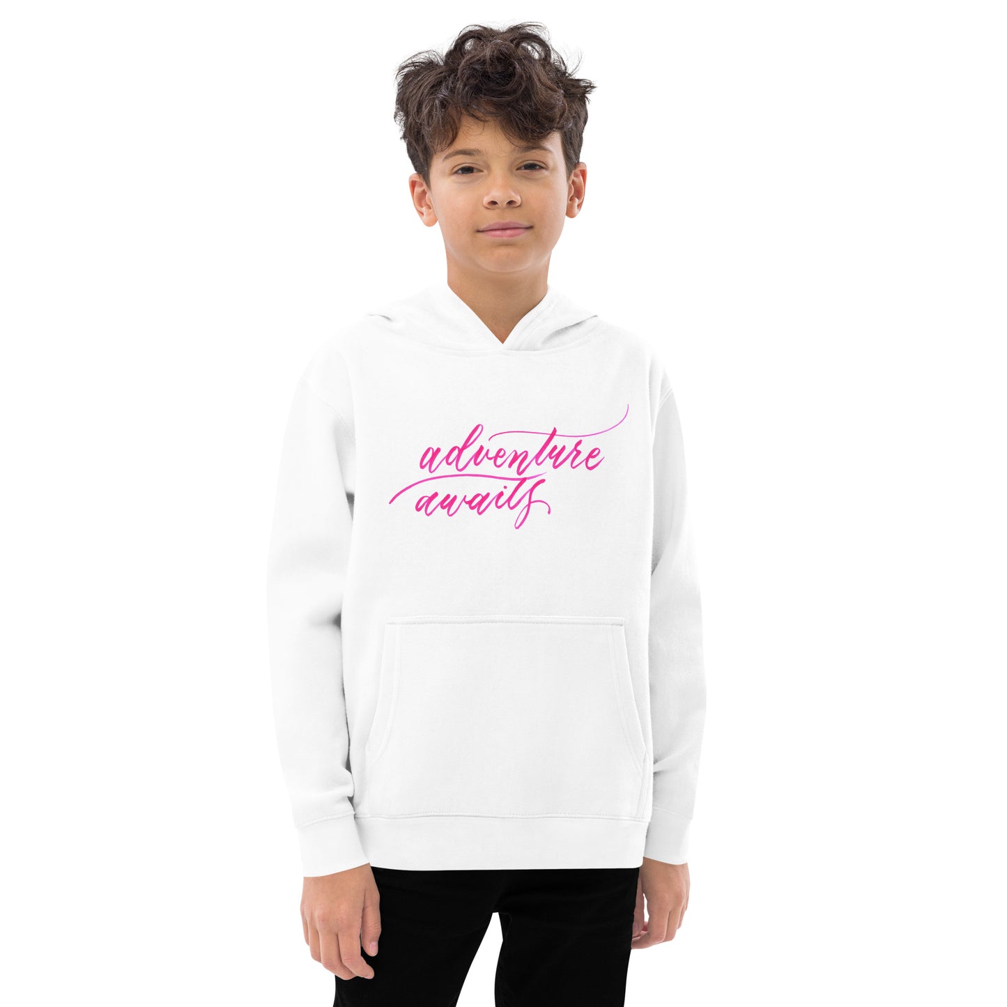 Script "Adventure Awaits" Pink Calligraphy Printed Kids Fleece Hoodie