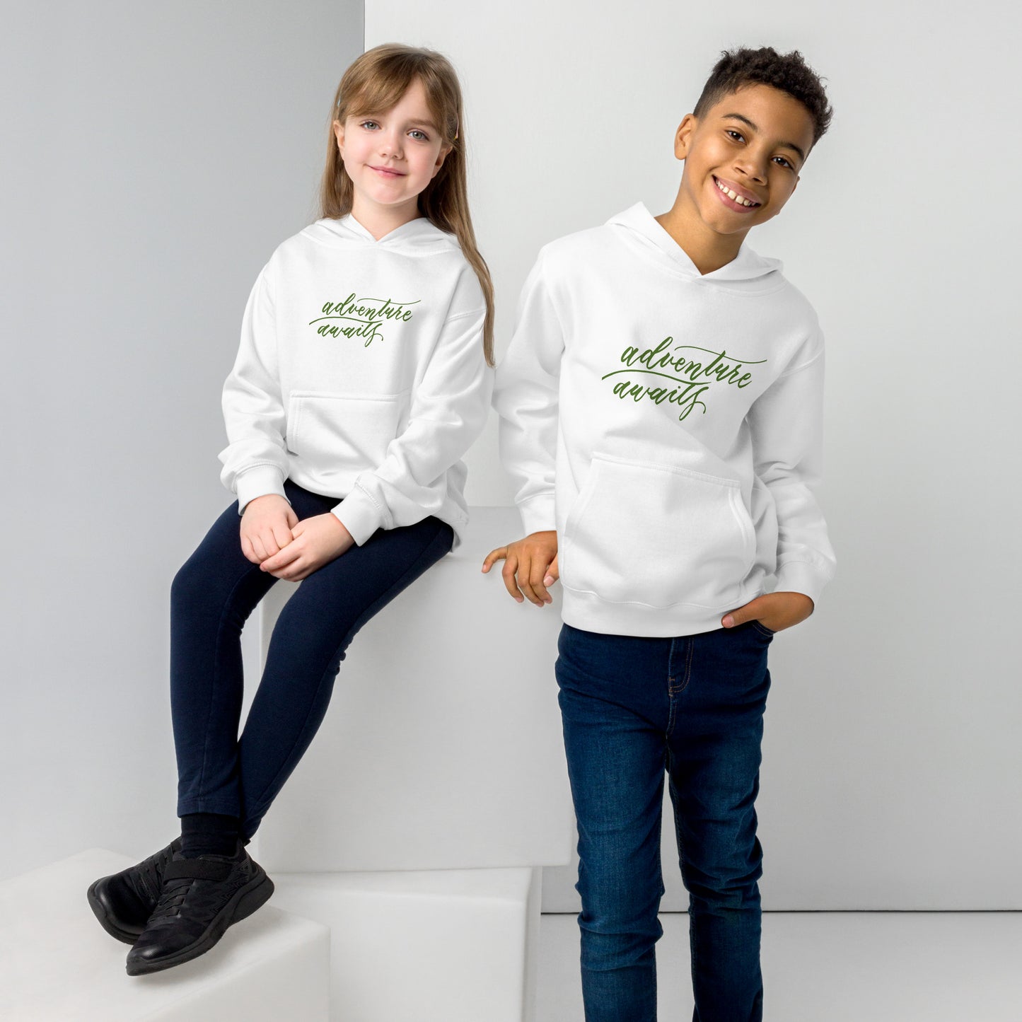 Script "Adventure Awaits" Green Calligraphy Printed Kids Fleece Hoodie