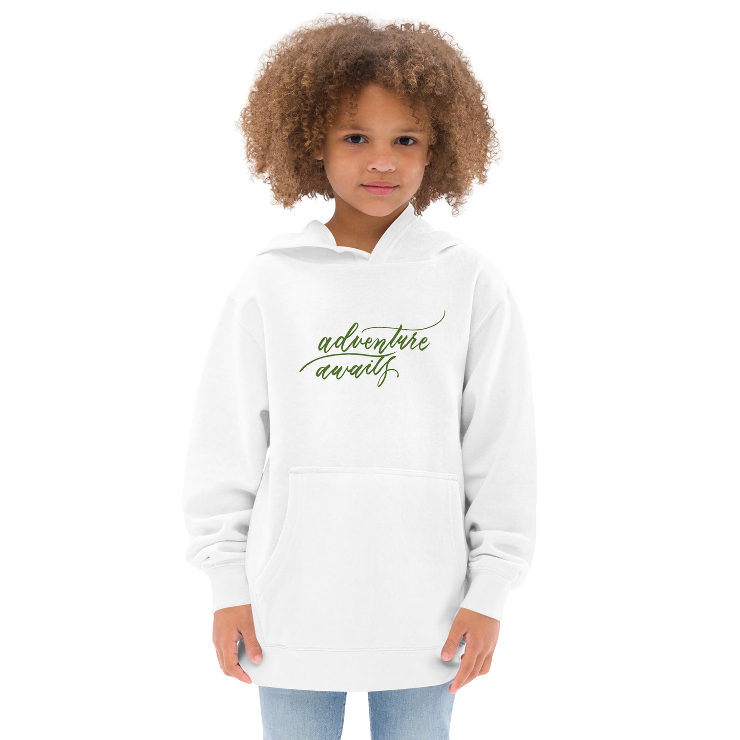 Script "Adventure Awaits" Green Calligraphy Printed Kids Fleece Hoodie