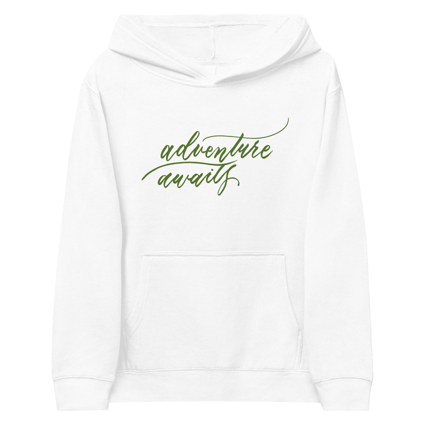 Script "Adventure Awaits" Green Calligraphy Printed Kids Fleece Hoodie