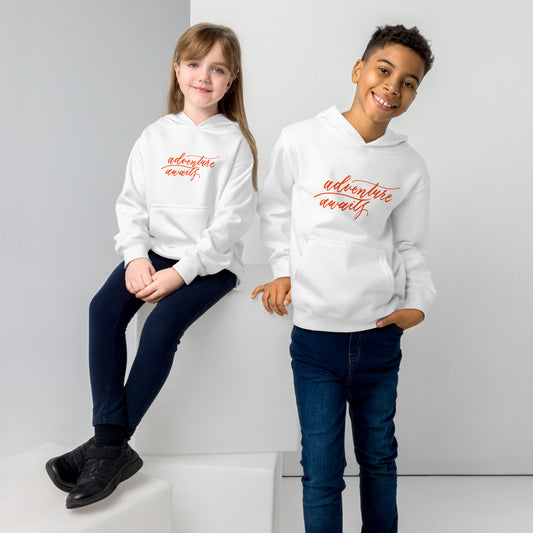 Script "Adventure Awaits" Orange Calligraphy Printed Kids Fleece Hoodie