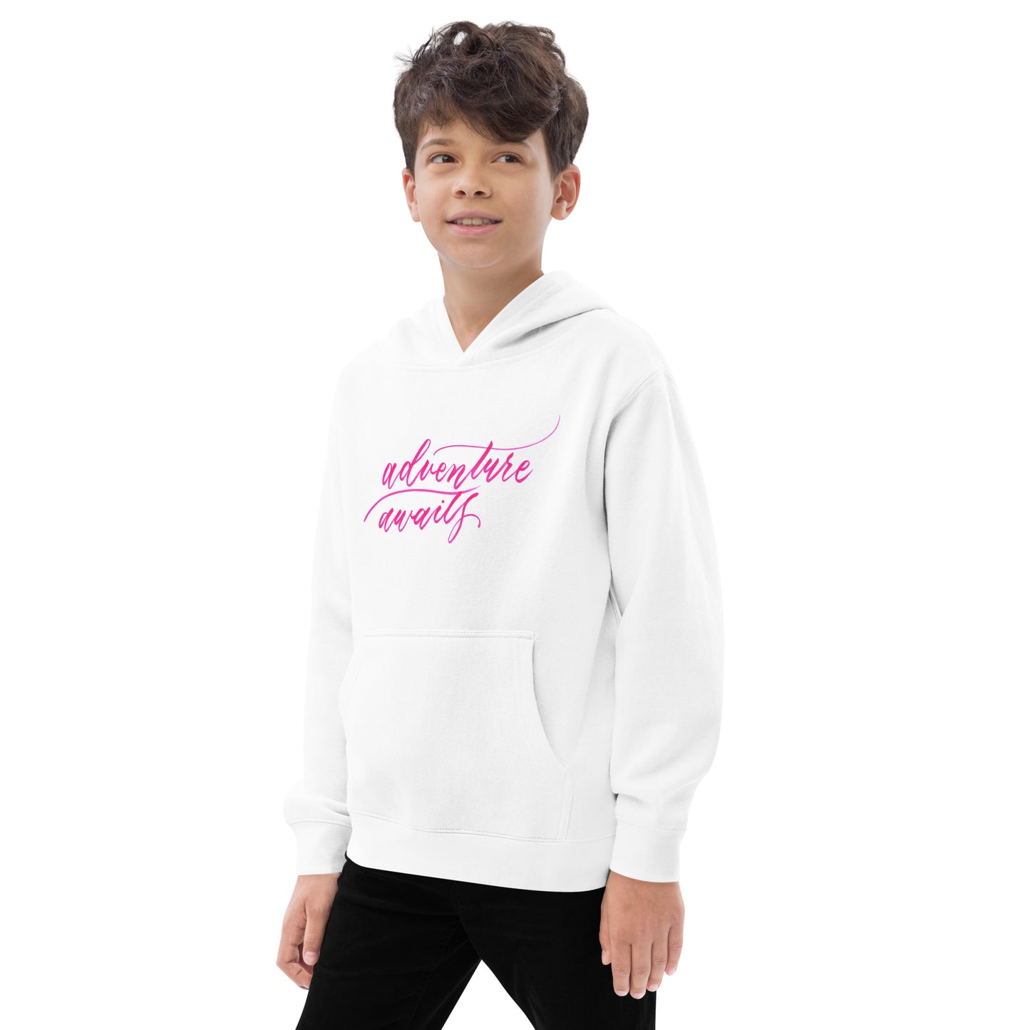 Script "Adventure Awaits" Pink Calligraphy Printed Kids Fleece Hoodie