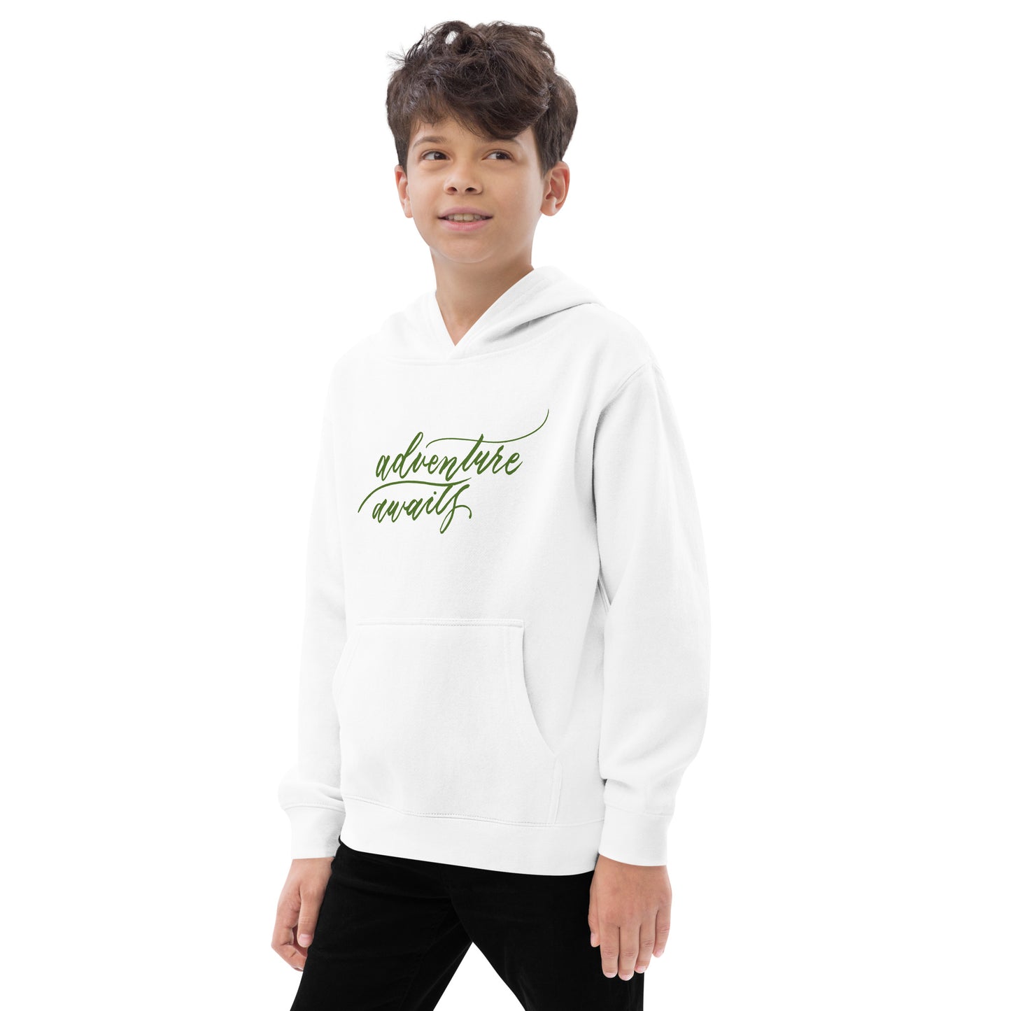 Script "Adventure Awaits" Green Calligraphy Printed Kids Fleece Hoodie