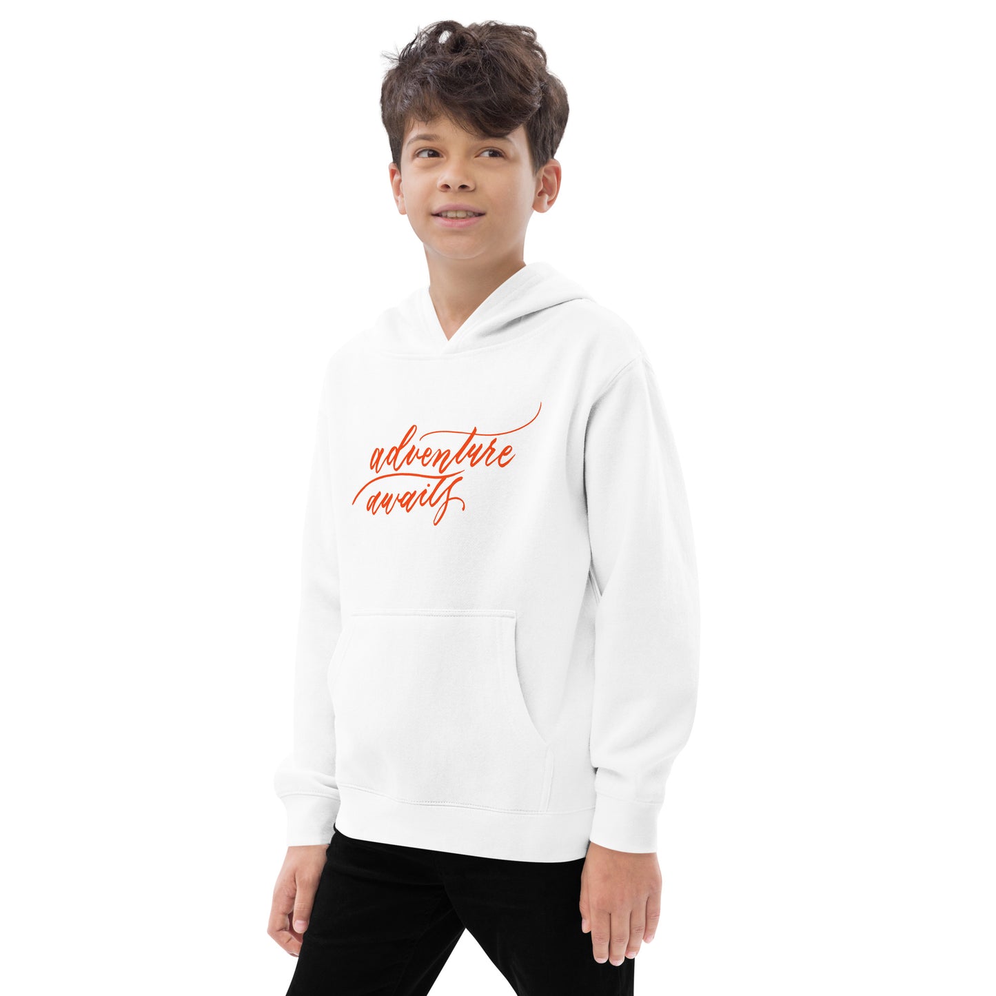 Script "Adventure Awaits" Orange Calligraphy Printed Kids Fleece Hoodie